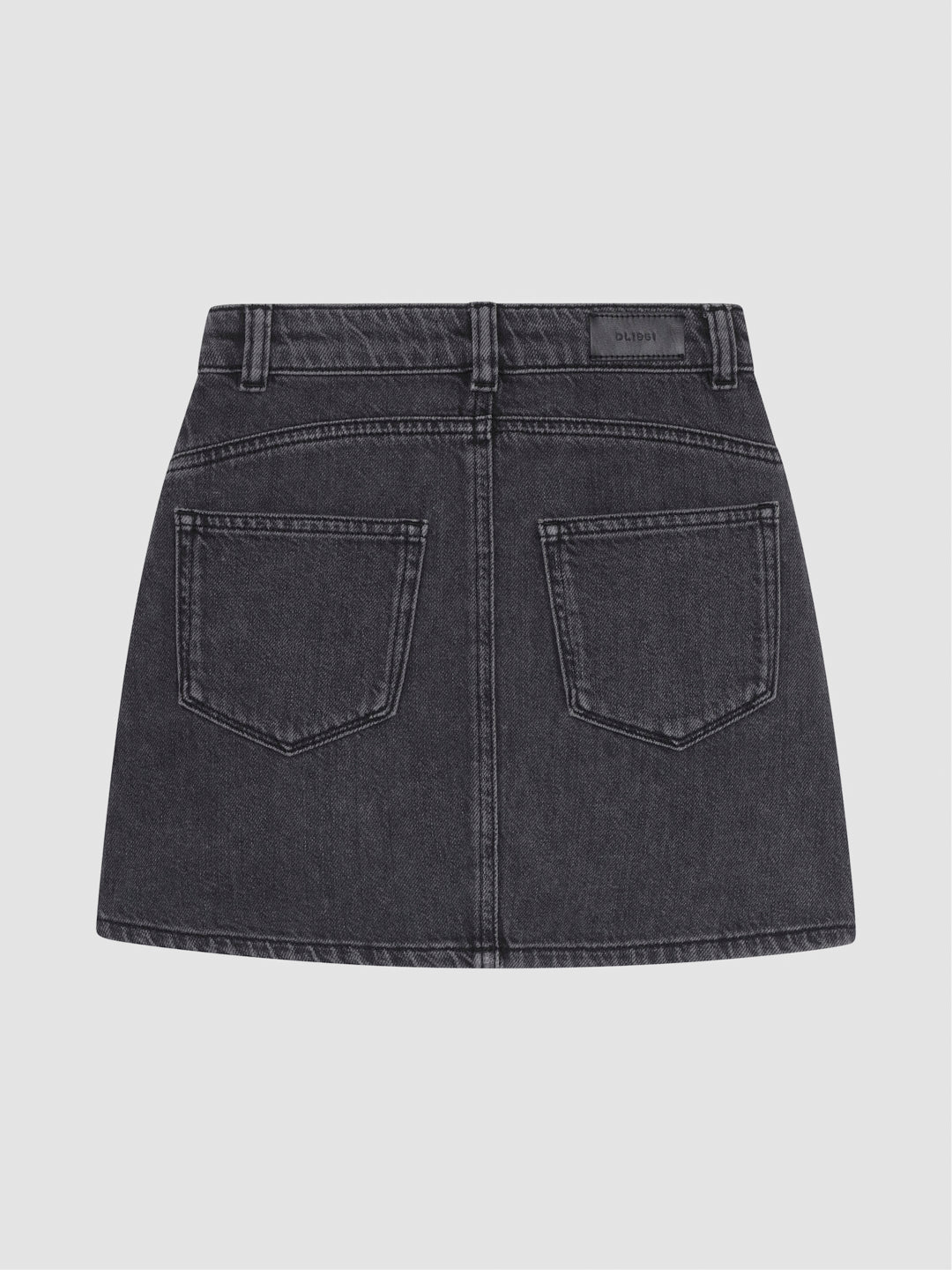 DL1961 girls' Lane Classic mini skirt in washed black 'Nightshade Lace', flat back with two pockets.