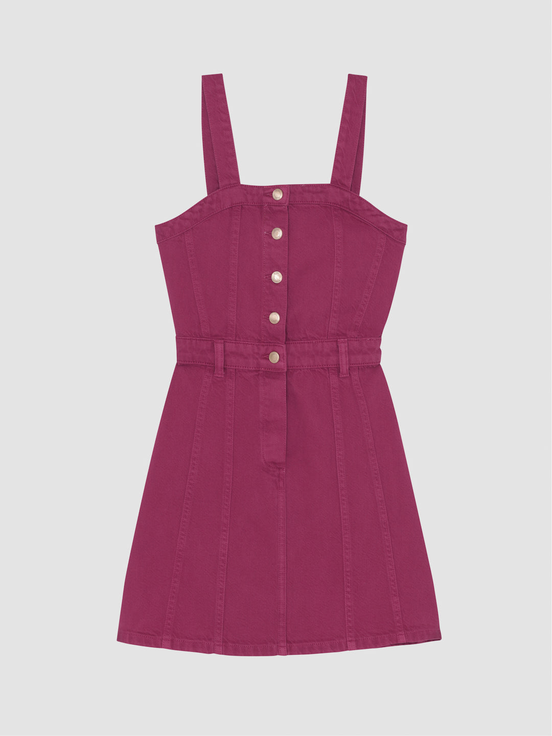 DL1961 girls' Trucker Mini denim pinafore dress in berry pink 'Sugar Blush', flat front with button placket.