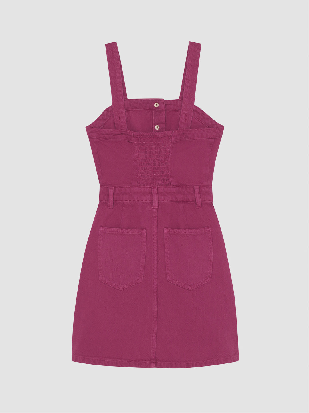 DL1961 girls' Trucker Mini denim pinafore dress in berry pink 'Sugar Blush', flat back with smocked panel.