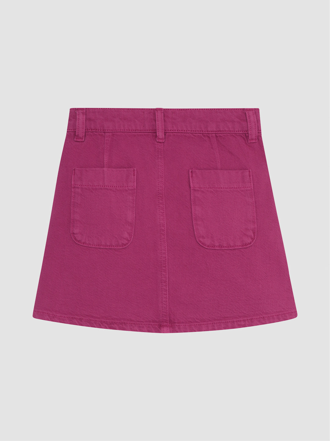 DL1961 girls' Jenny denim mini skirt in magenta pink 'Sugar Blush', flat back with two patch pockets.