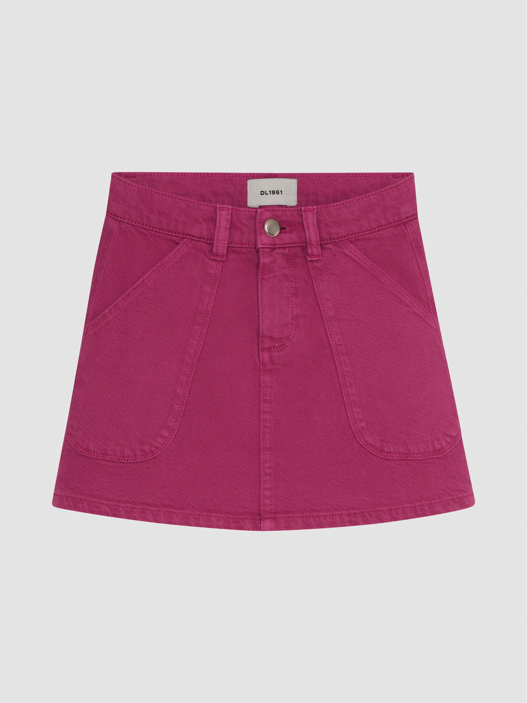 DL1961 girls' Jenny denim mini skirt in magenta pink 'Sugar Blush', flat front with curved patch pockets.