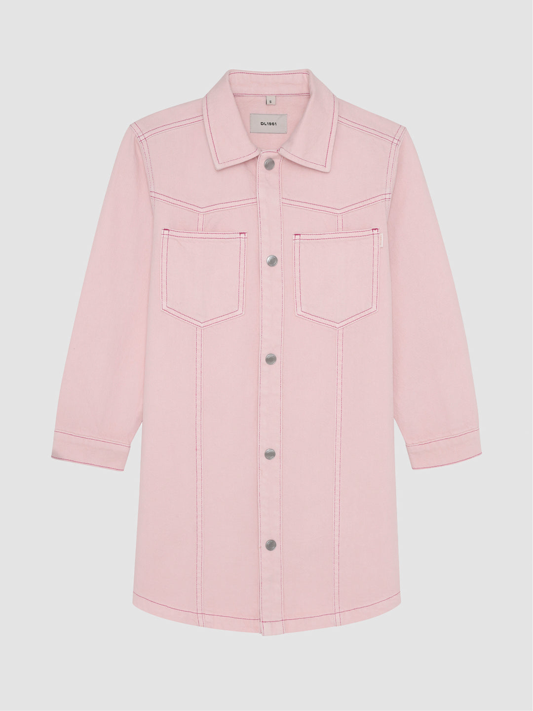 DL1961 girls' Simona denim shirt dress in light pink 'Primrose Pink', flat front with pink contrast stitching.