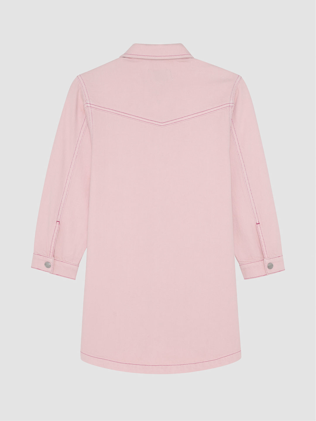 DL1961 girls' Simona denim shirt dress in light pink 'Primrose Pink', flat back with western chevron yoke.
