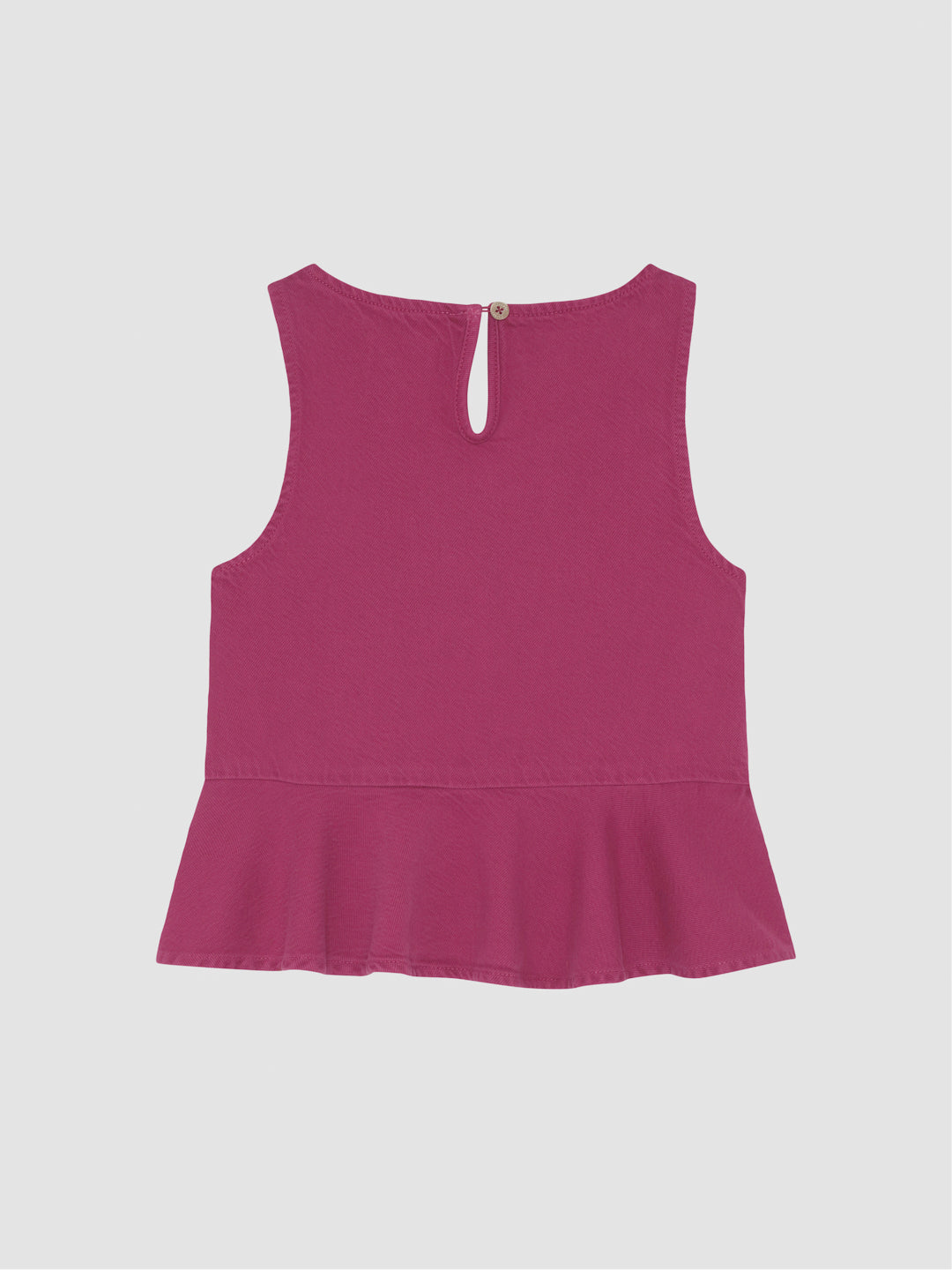 DL1961 girls' Hana Top in berry pink 'Sugar Blush', sleeveless with keyhole back and ruffled hem, flat back view.