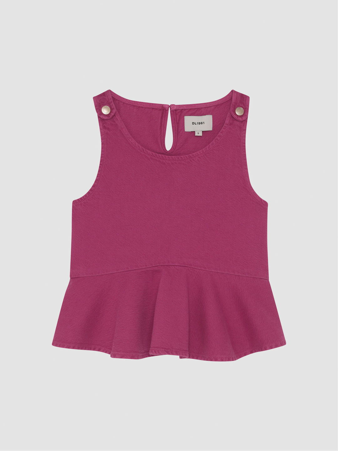 DL1961 girls' Hana Top in berry pink 'Sugar Blush', sleeveless peplum with buttoned shoulder straps, flat front view.