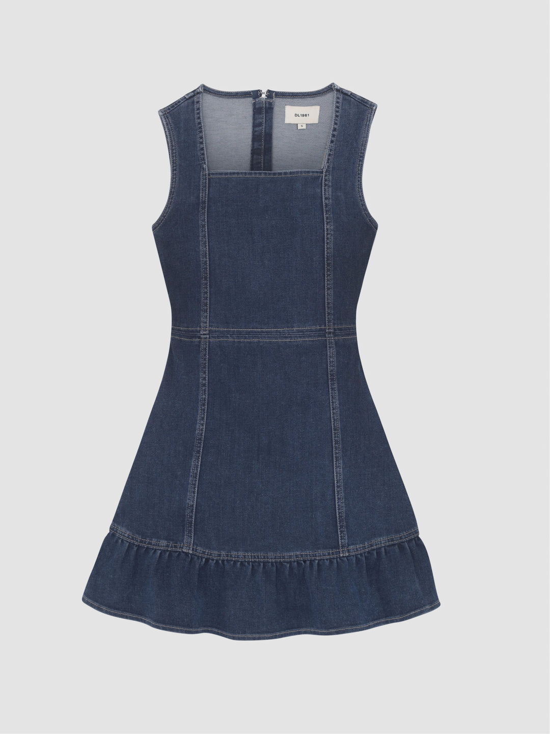 DL1961 girls' Bety Square Neck Denim Dress in dark indigo 'Nightlight', sleeveless with ruffle hem, flat front view.