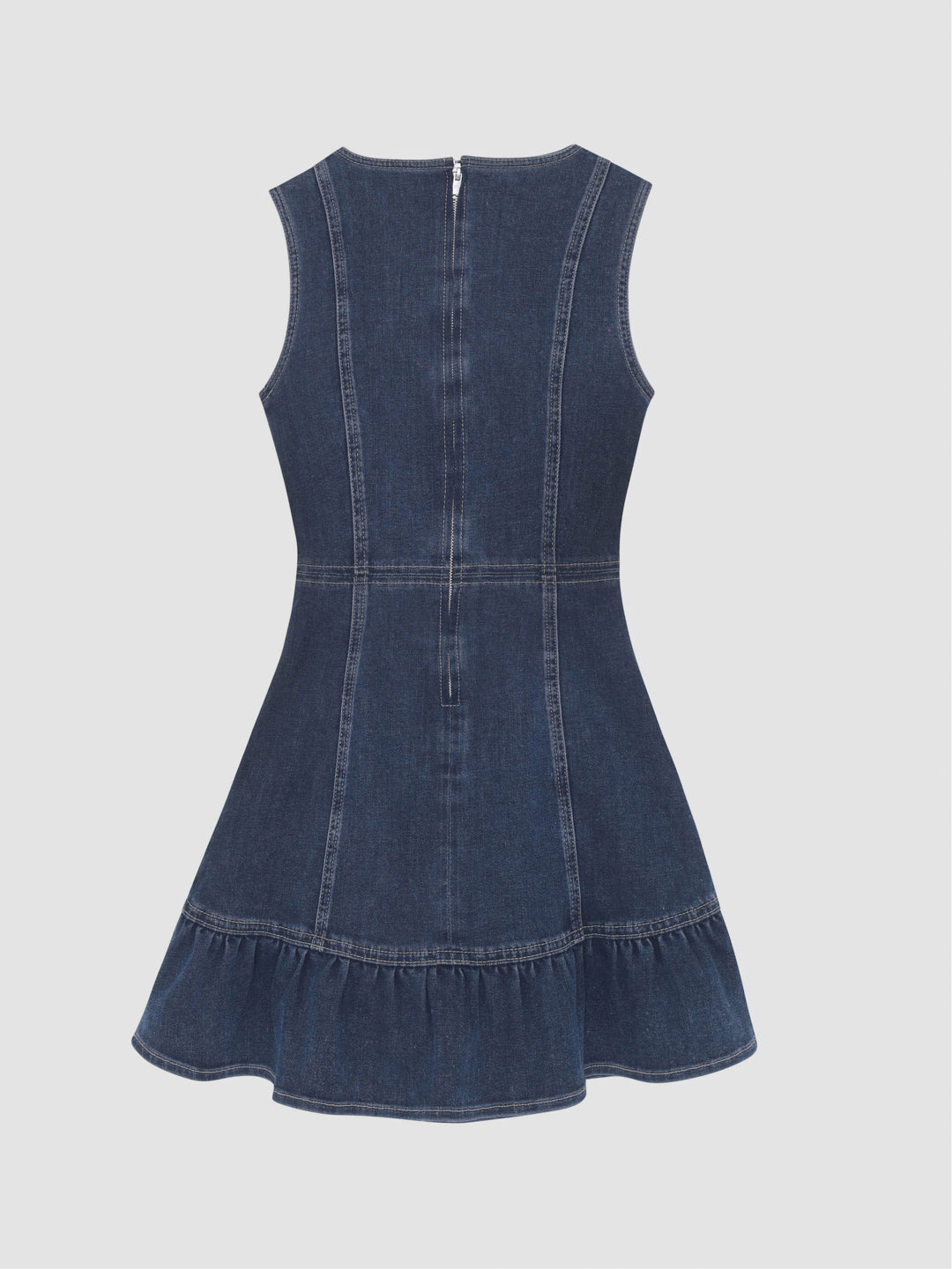 DL1961 girls' Bety Square Neck Denim Dress in dark indigo 'Nightlight', back zipper and ruffle hem, flat back view.