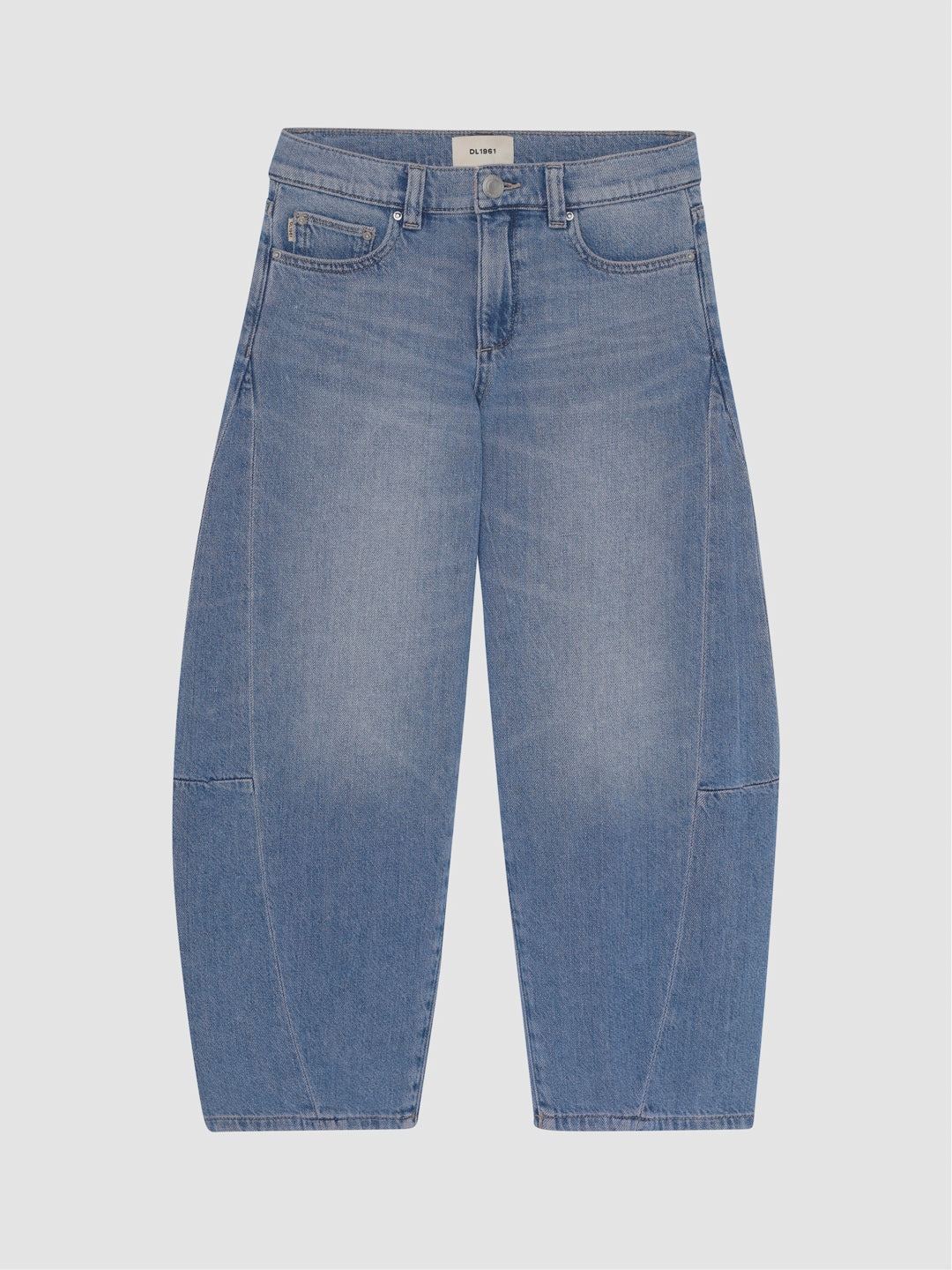 DL1961 girls' Lilia Relaxed Barrel Jeans in light-wash 'Indigo Rose', rounded barrel leg, flat front view.