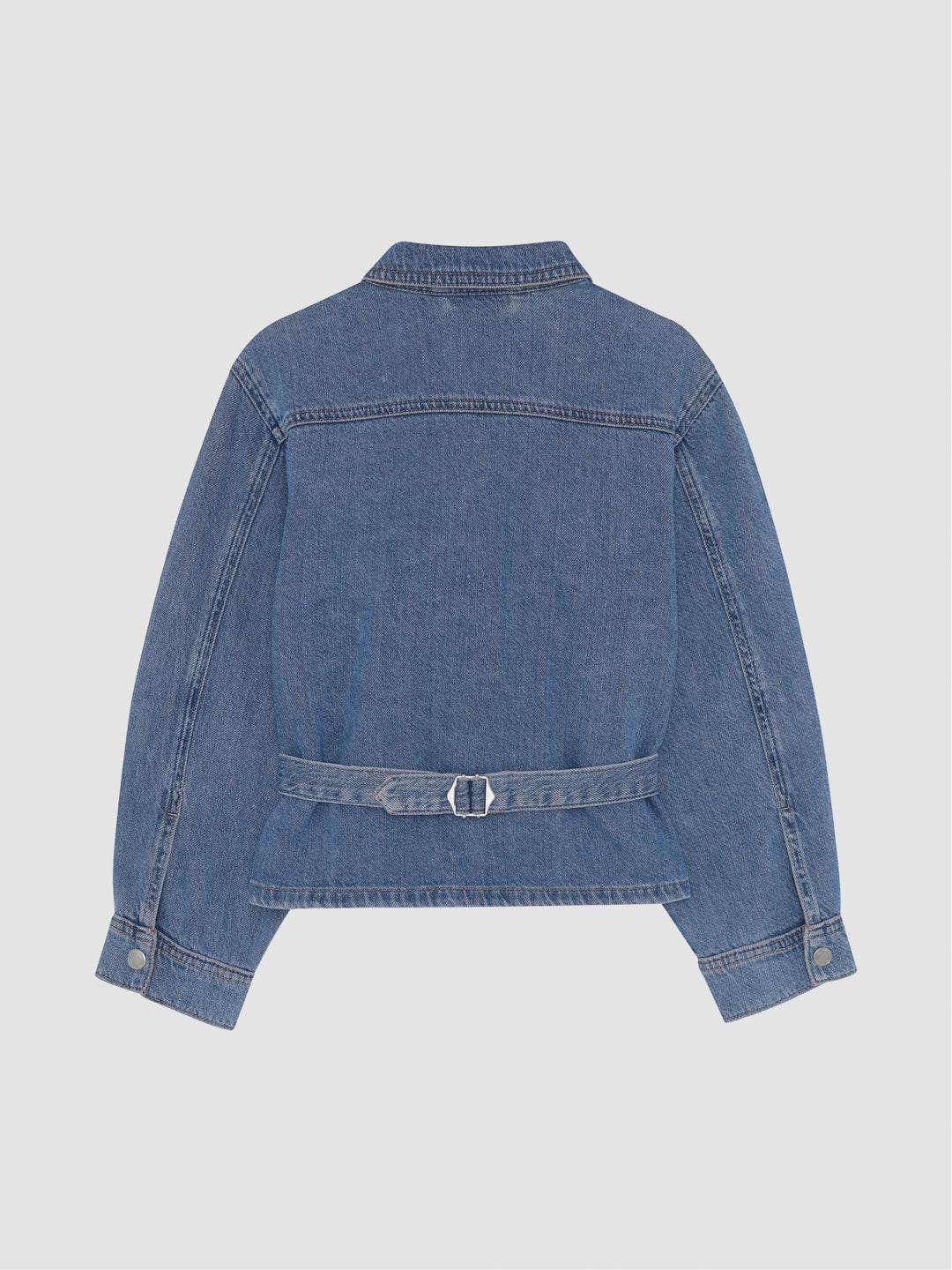 DL1961 girls' Simona Top in mid-wash 'Indigo Rose' denim shirt with a buckled back belt, flat back view.
