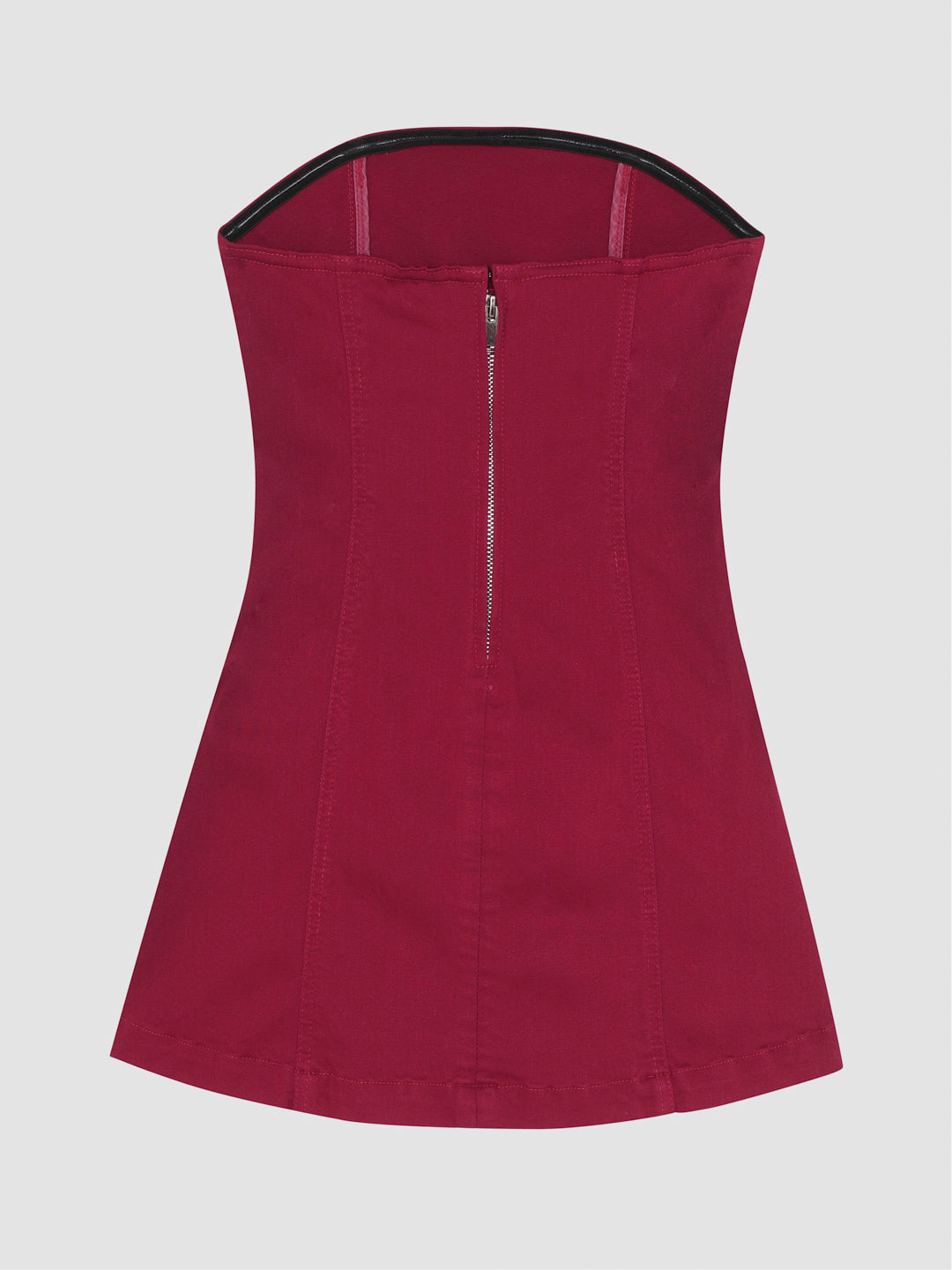DL1961 girls' Bety Strapless Denim Dress in deep raspberry 'Rouge', back zipper and black neckline trim, flat back view.
