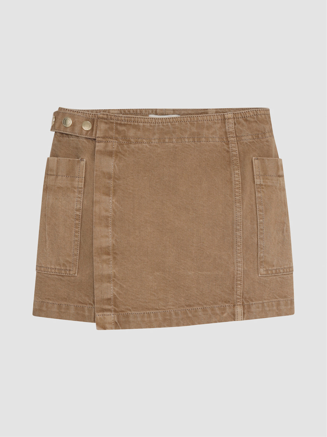 DL1961 girls' Selina Wrap Skirt in tan 'Savannas', snap-tab waist and patch pockets, flat front view.