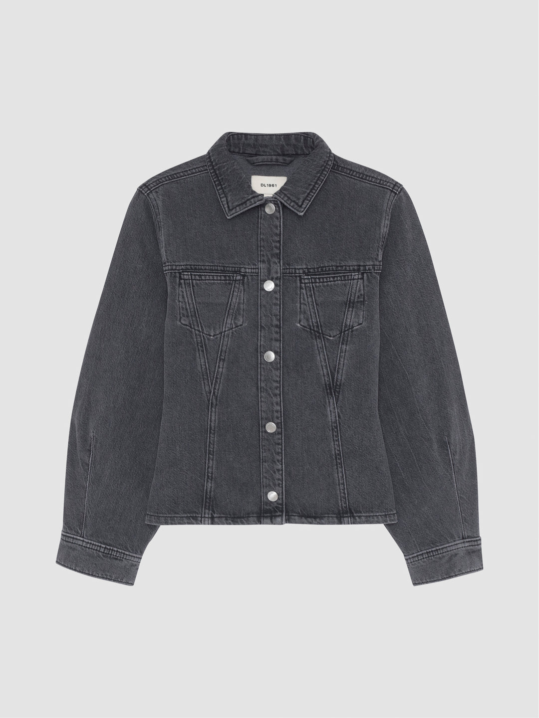 DL1961 girls' Simona Top in washed charcoal 'Nightshade', snap-front denim shirt with chest pockets, flat front view.