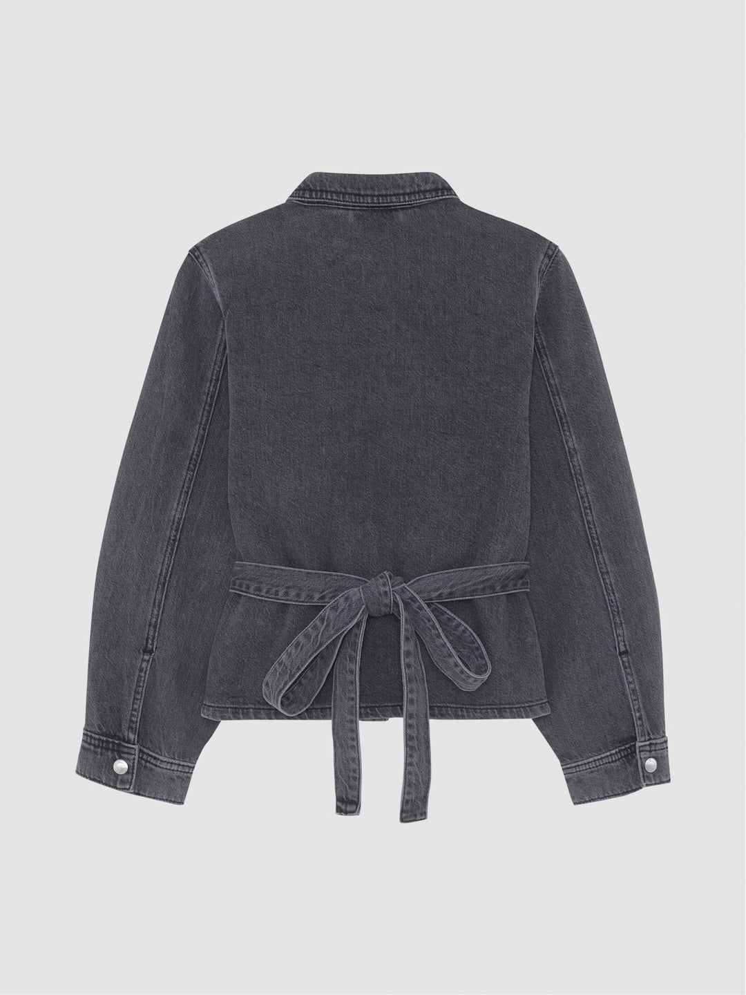 DL1961 girls' Simona Top in washed charcoal 'Nightshade' denim shirt with a back tie belt, flat back view.