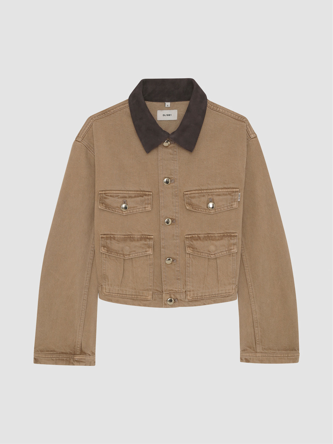 DL1961 girls' Reese Denim Jacket in tan 'Savannas' with a brown corduroy collar and four flap pockets, flat front view.