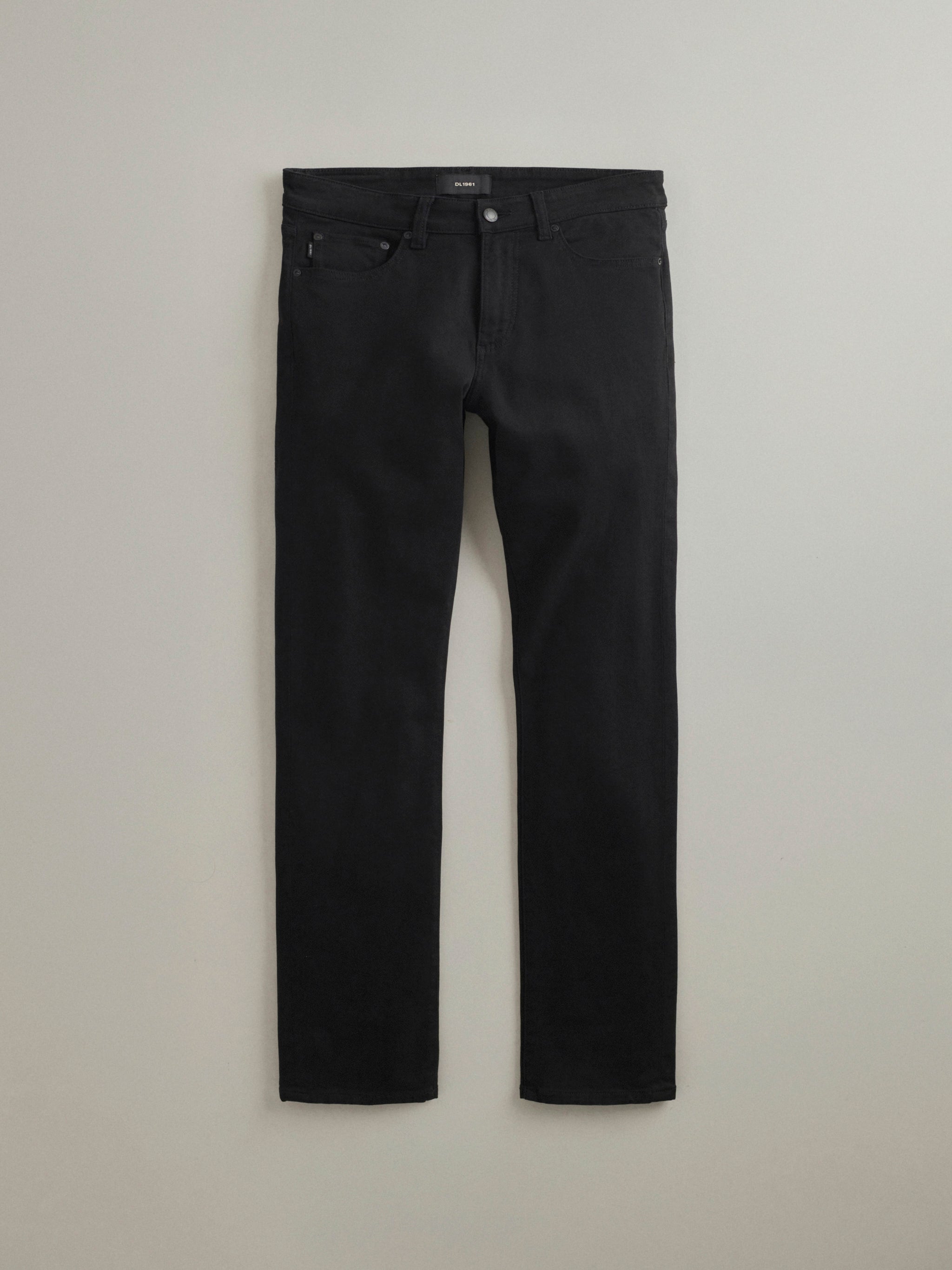 DL1961 men's jeans in 'Black', flat lay front view.