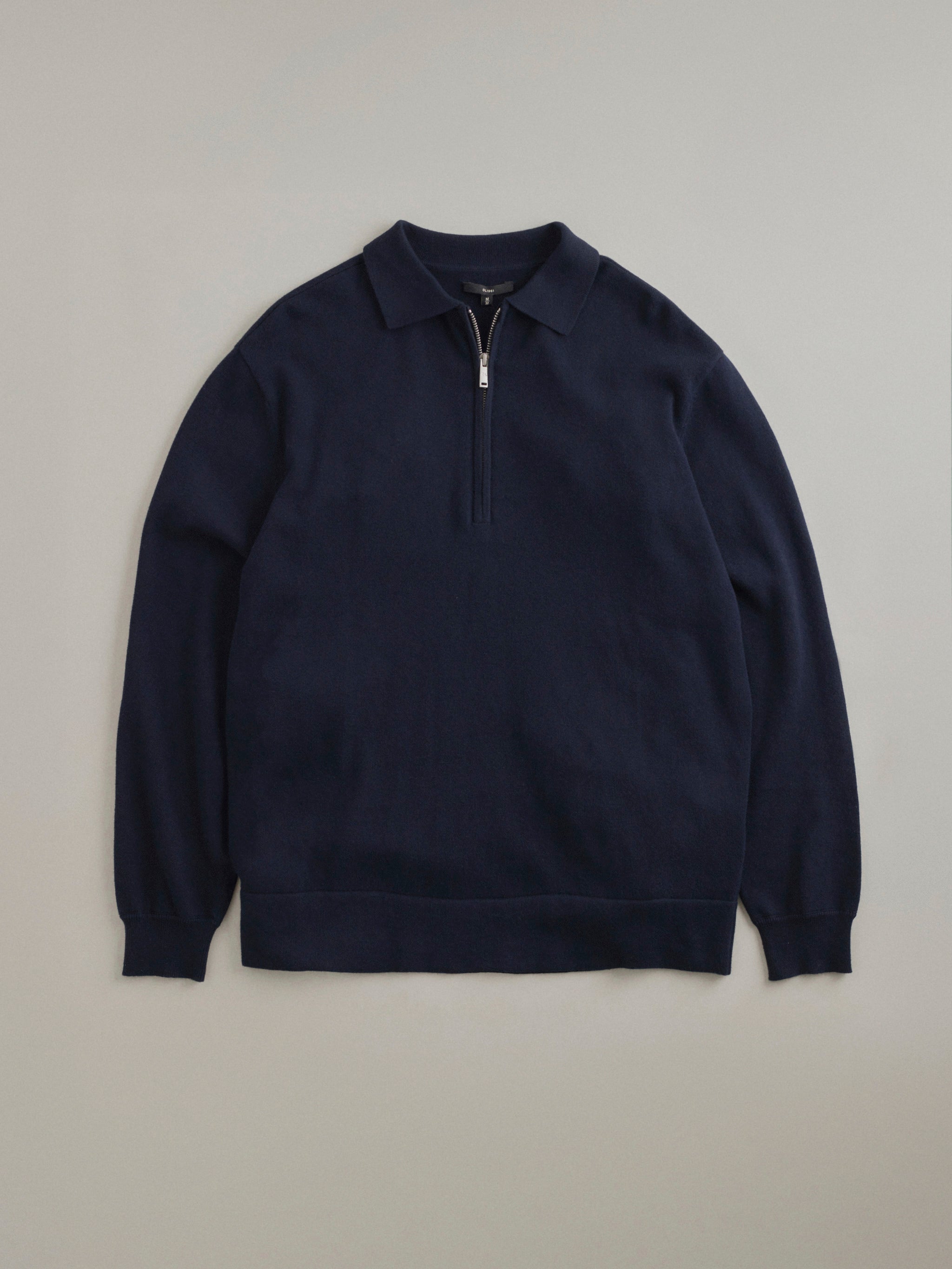 DL1961 men's Cotton-Cashmere Zip Up Sweater in 'Navy', flat lay front view.