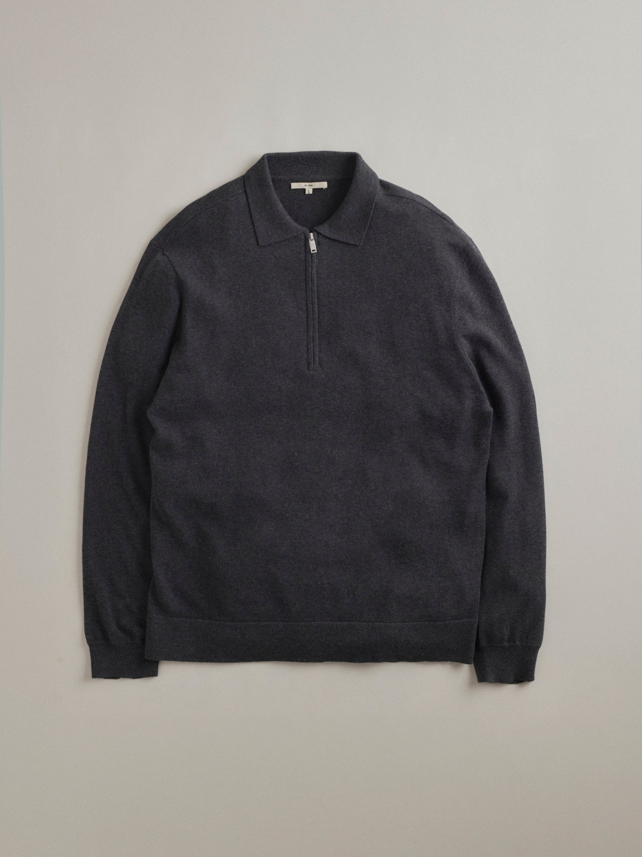 DL1961 men's Cotton-Cashmere Zip Up Sweater in 'Charcoal', flat lay front view.