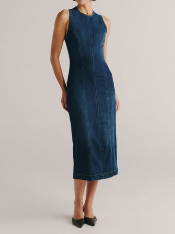 DL1961 Esme sleeveless denim midi dress in dark-indigo 'Sea Front' wash, fitted with seam detail, front view.
