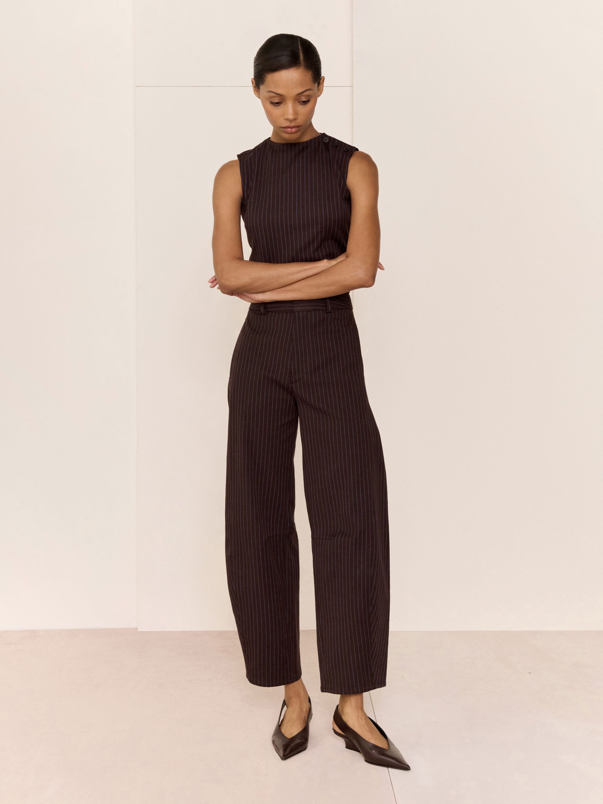 Tailored Top Sleeveless | Brown/Blue Stripe