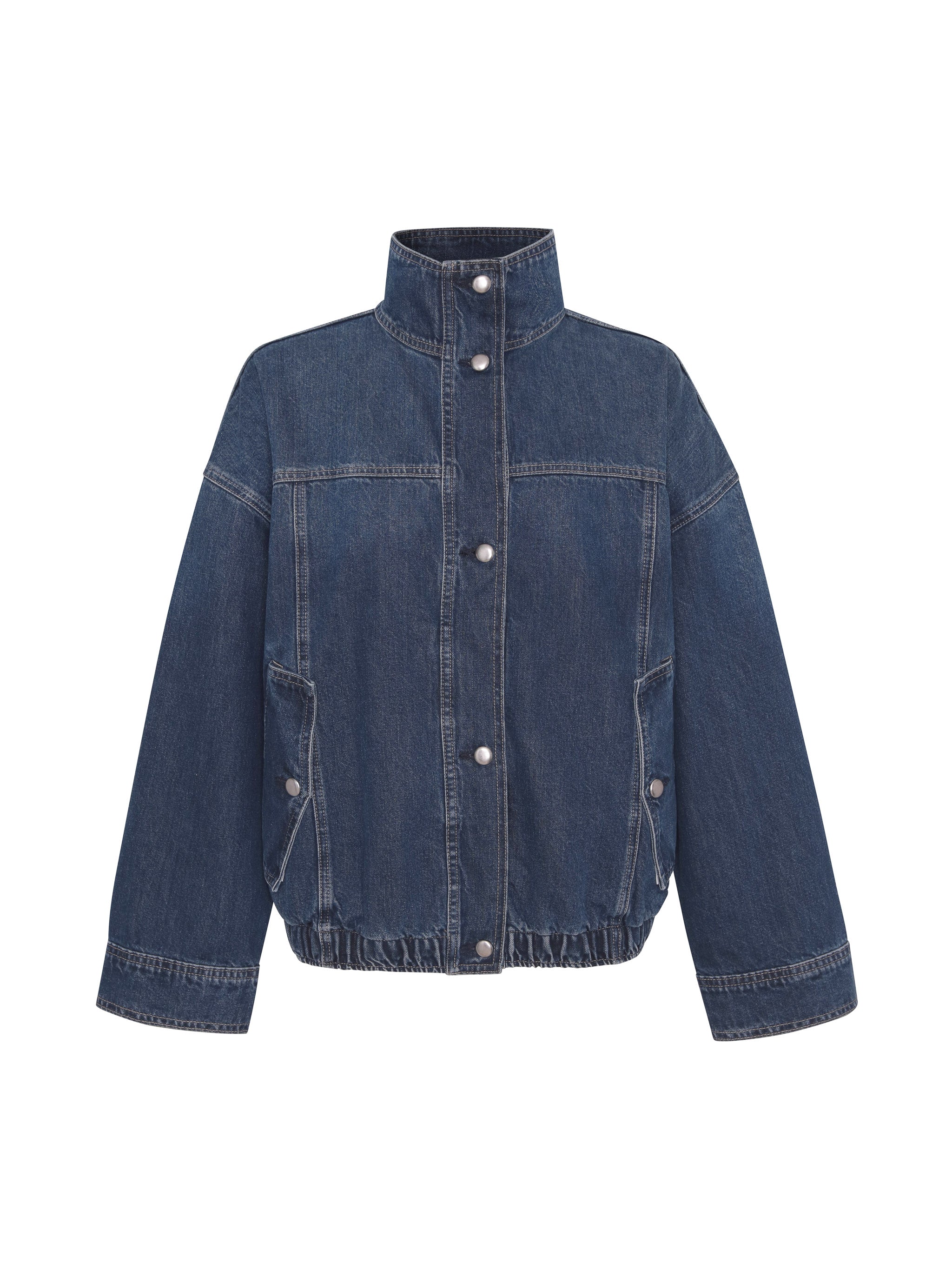 Nara Jacket in December denim, ghost-mannequin product shot on white, front view.