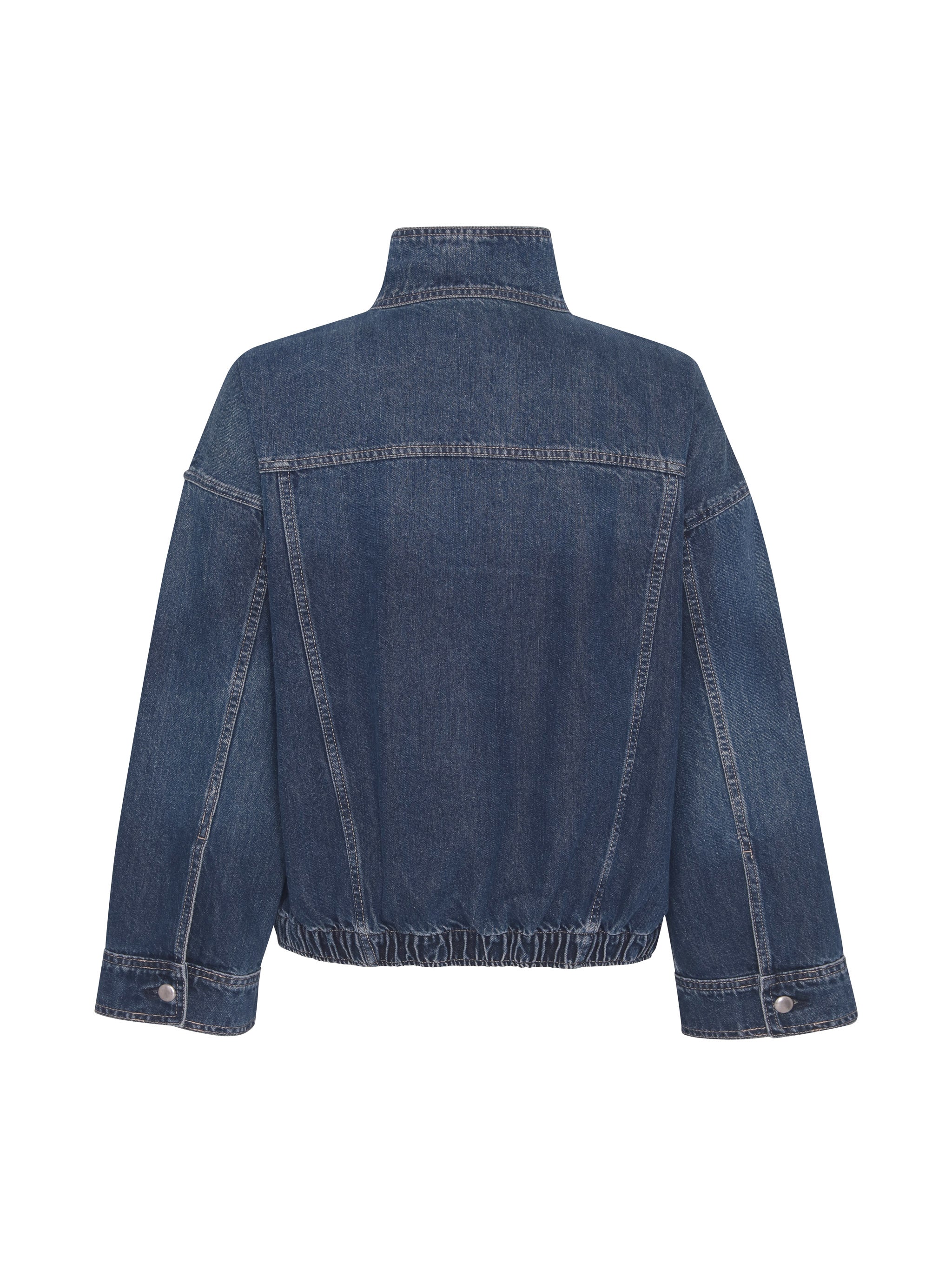 Nara Jacket in December denim, ghost-mannequin product shot on white, back view.