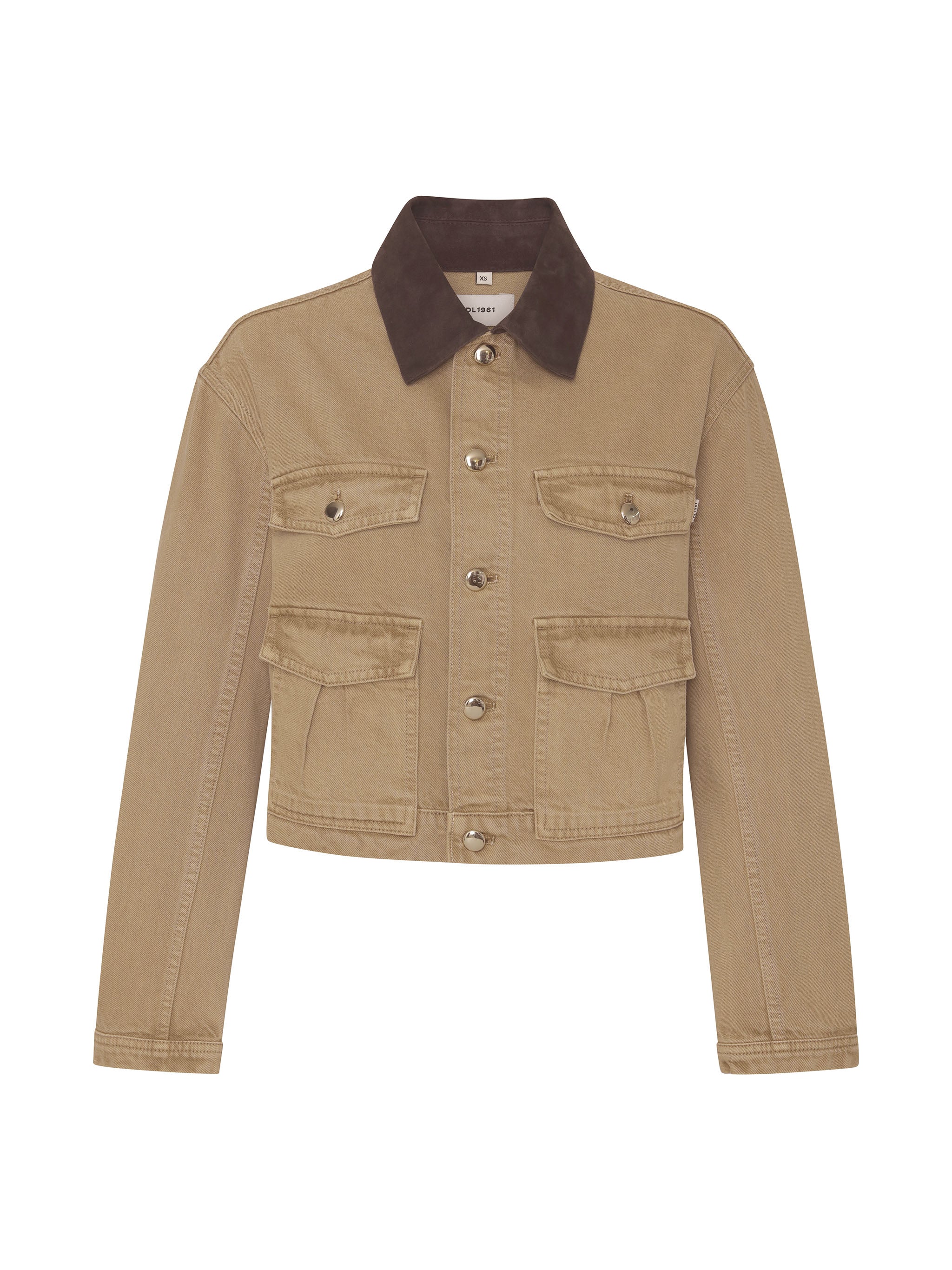 Boxy Denim Jacket in Savannas, ghost-mannequin product shot on white, front view.