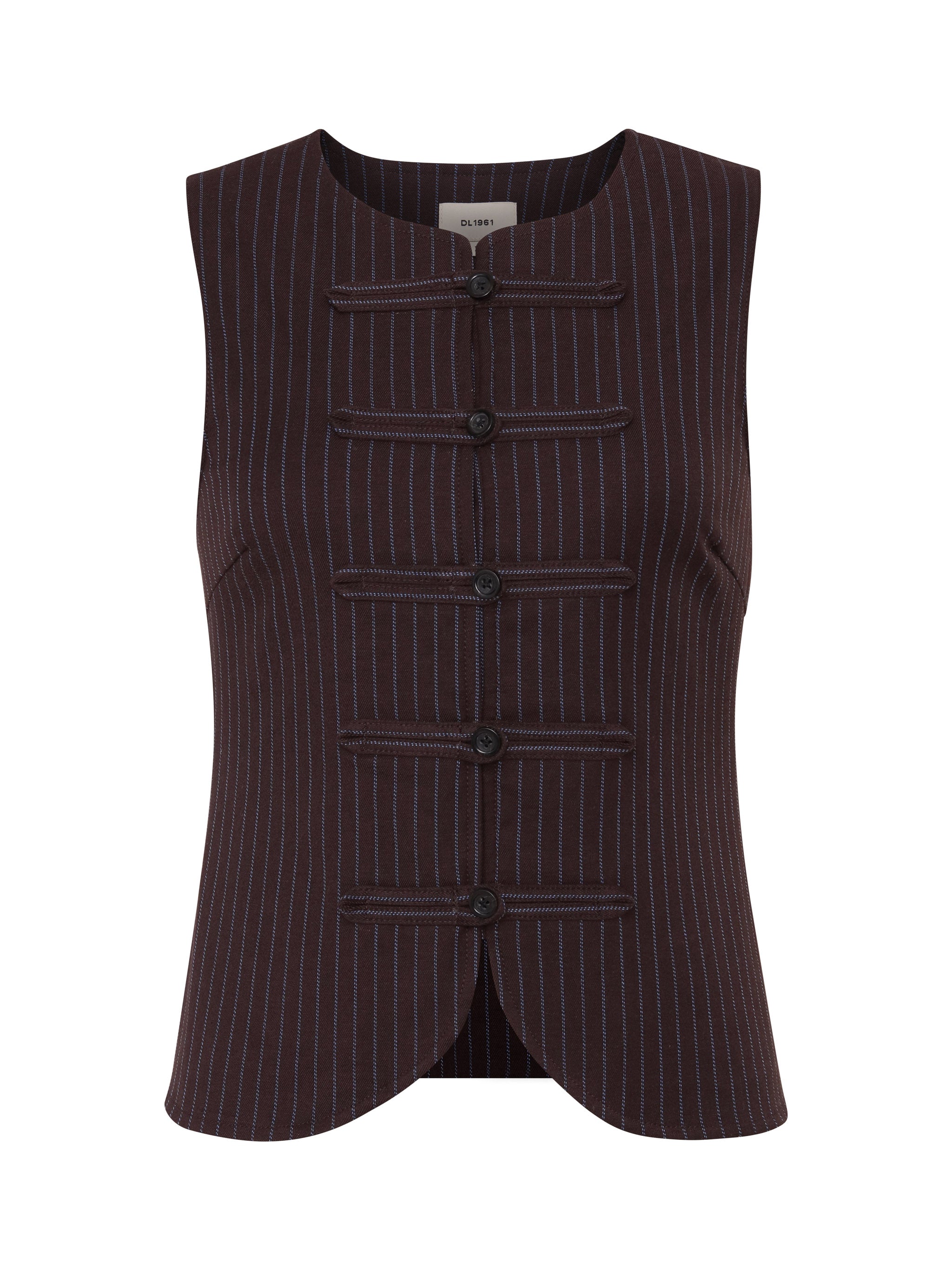 Amalie Top in Brown Blue Stripe, ghost-mannequin product shot on white, front view.
