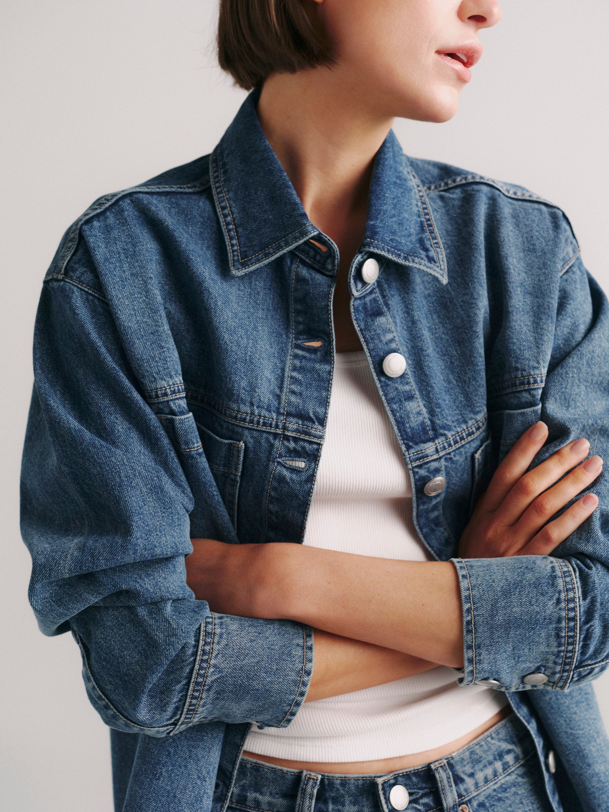 DL1961 x Olympia Addison Overshirt in Royal — collar and placket detail