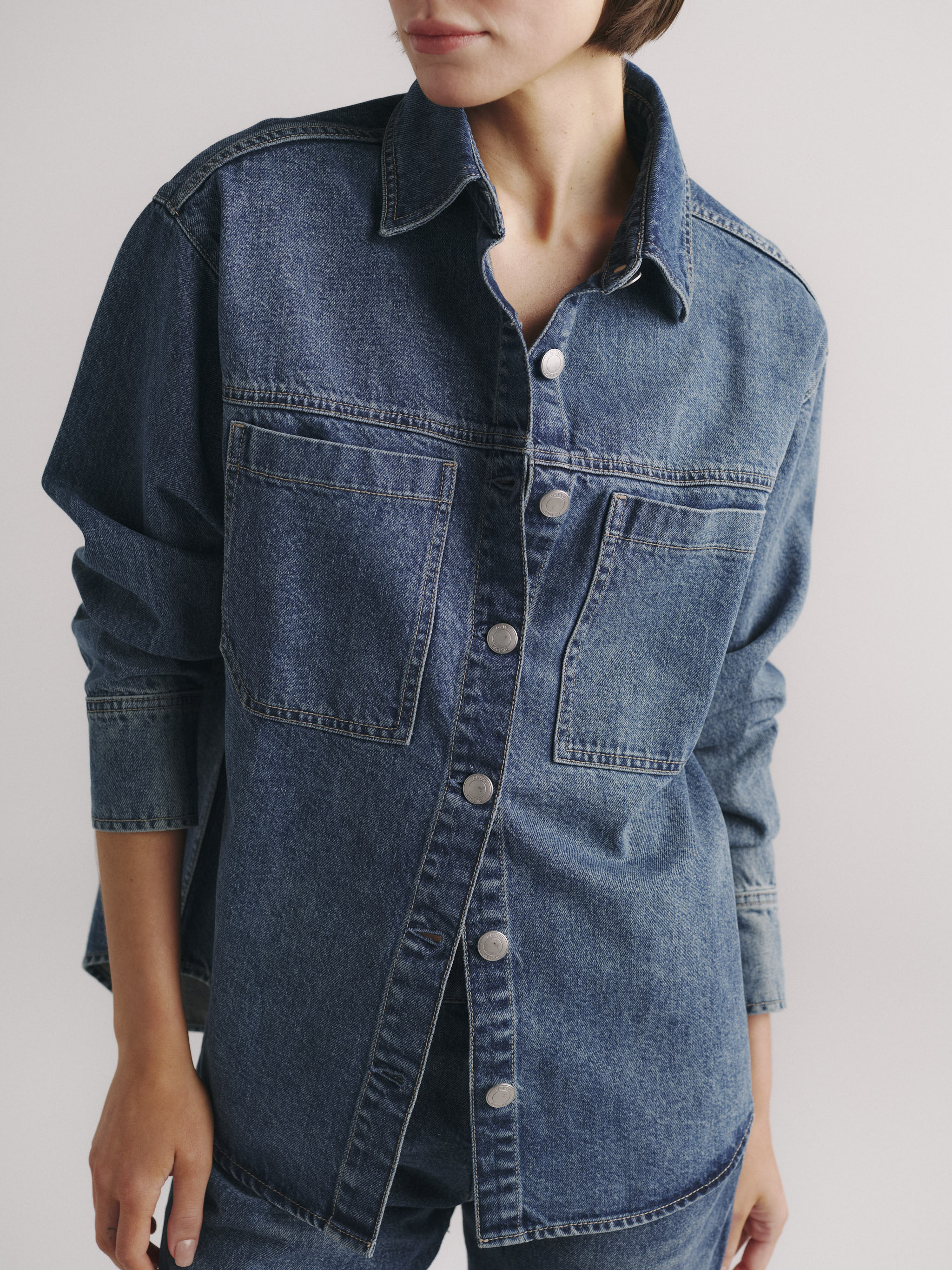 DL1961 x Olympia Addison Overshirt in Royal — button and cuff detail