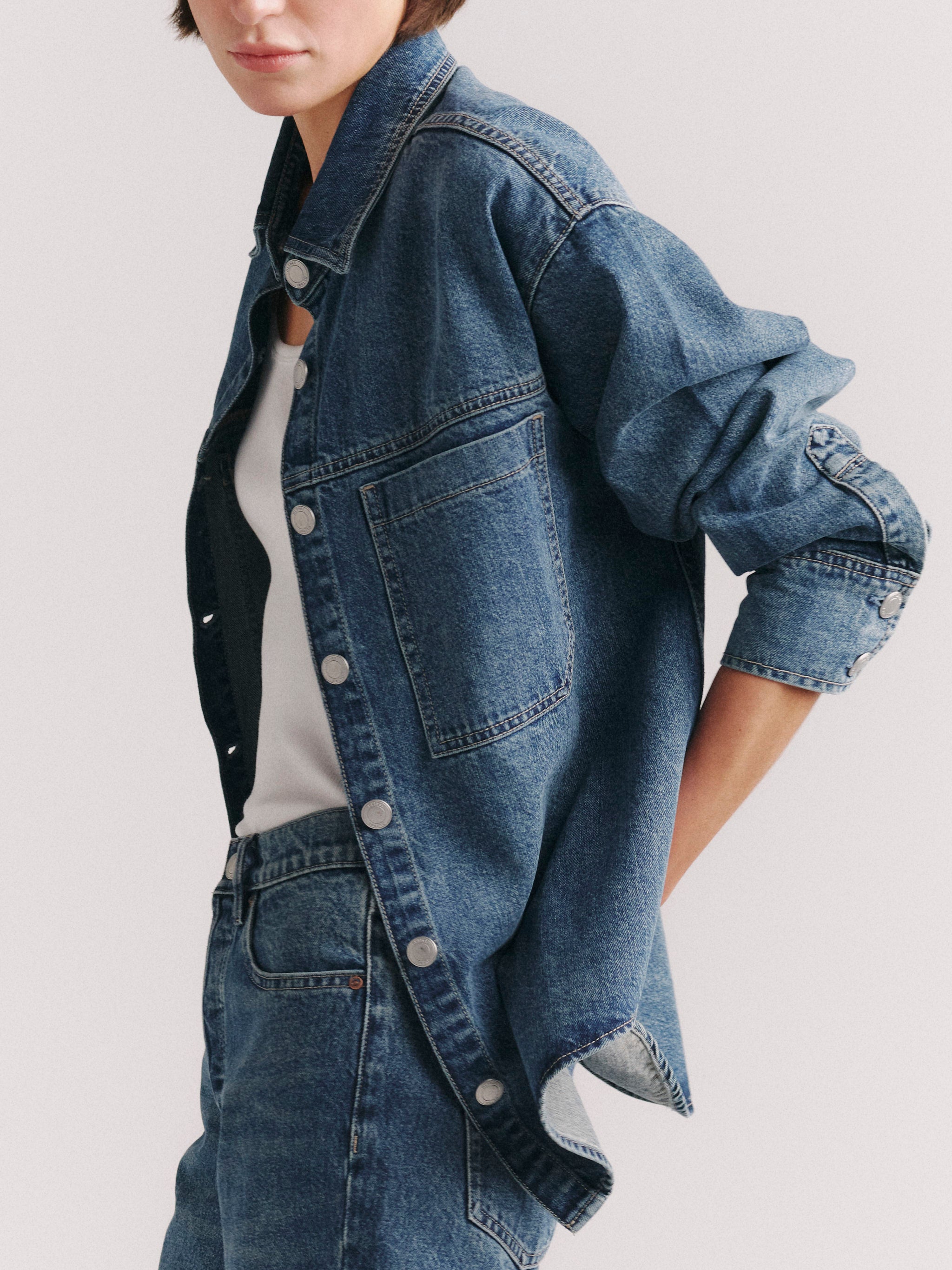 DL1961 x Olympia Addison Overshirt in Royal — three-quarter view