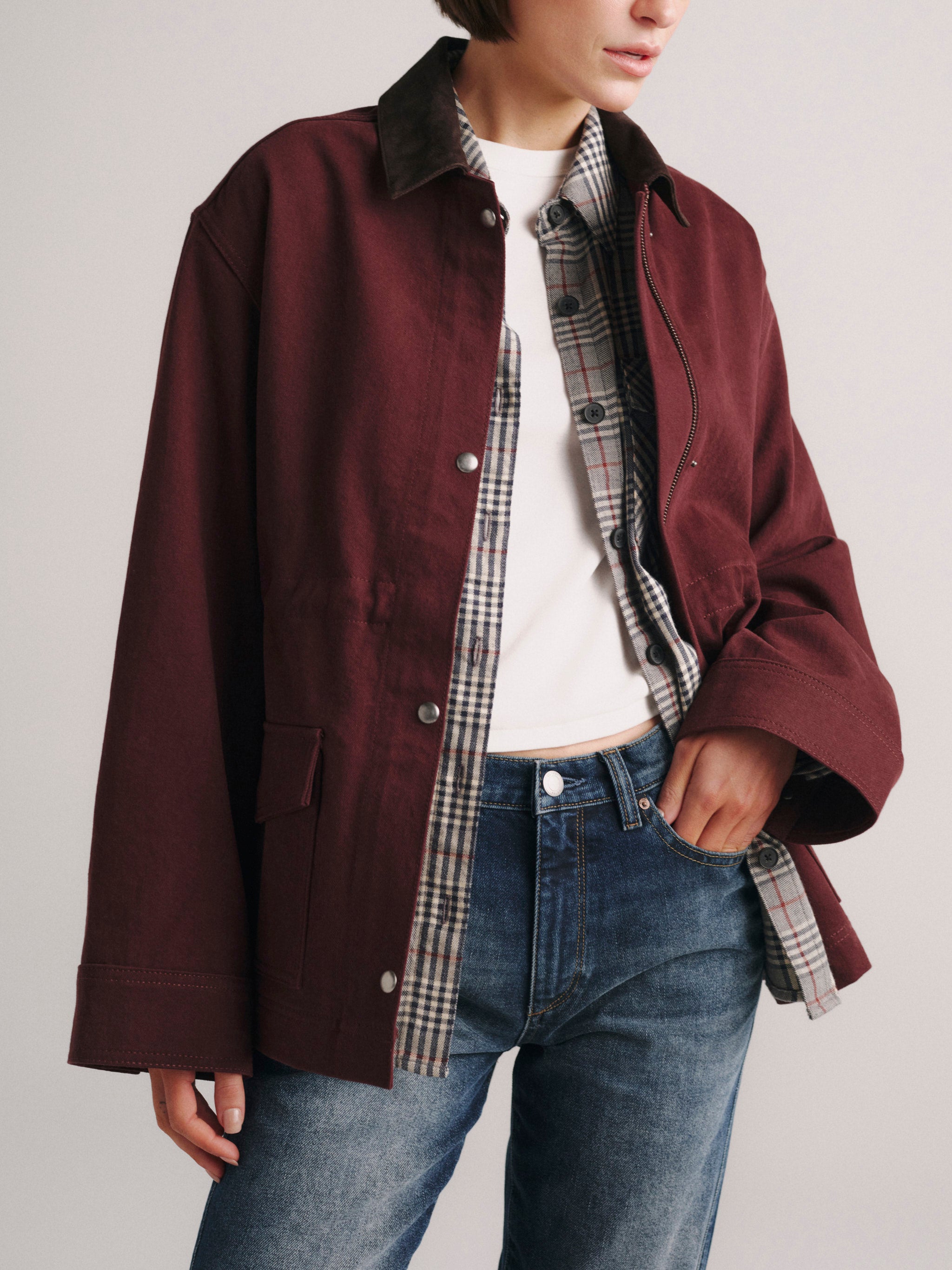 DL1961 x Olympia Cinched Barn Jacket in Vin Rouge — pocket and hem detail