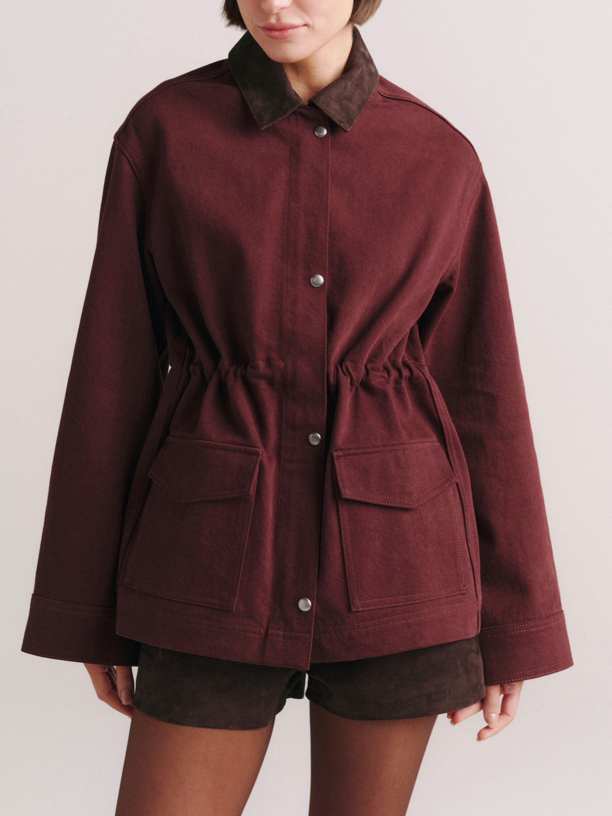DL1961 x Olympia Cinched Barn Jacket in Vin Rouge — front view