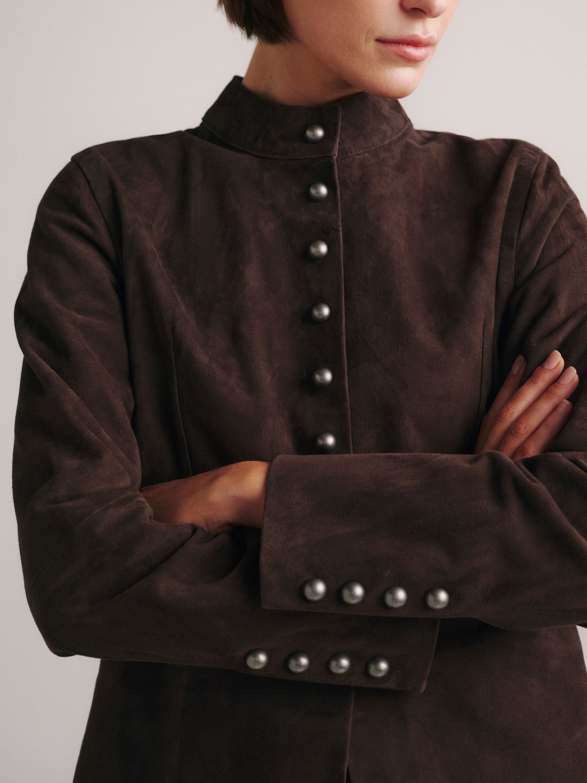 DL1961 x Olympia Maria Suede Jacket in Tobacco Suede — button and cuff detail