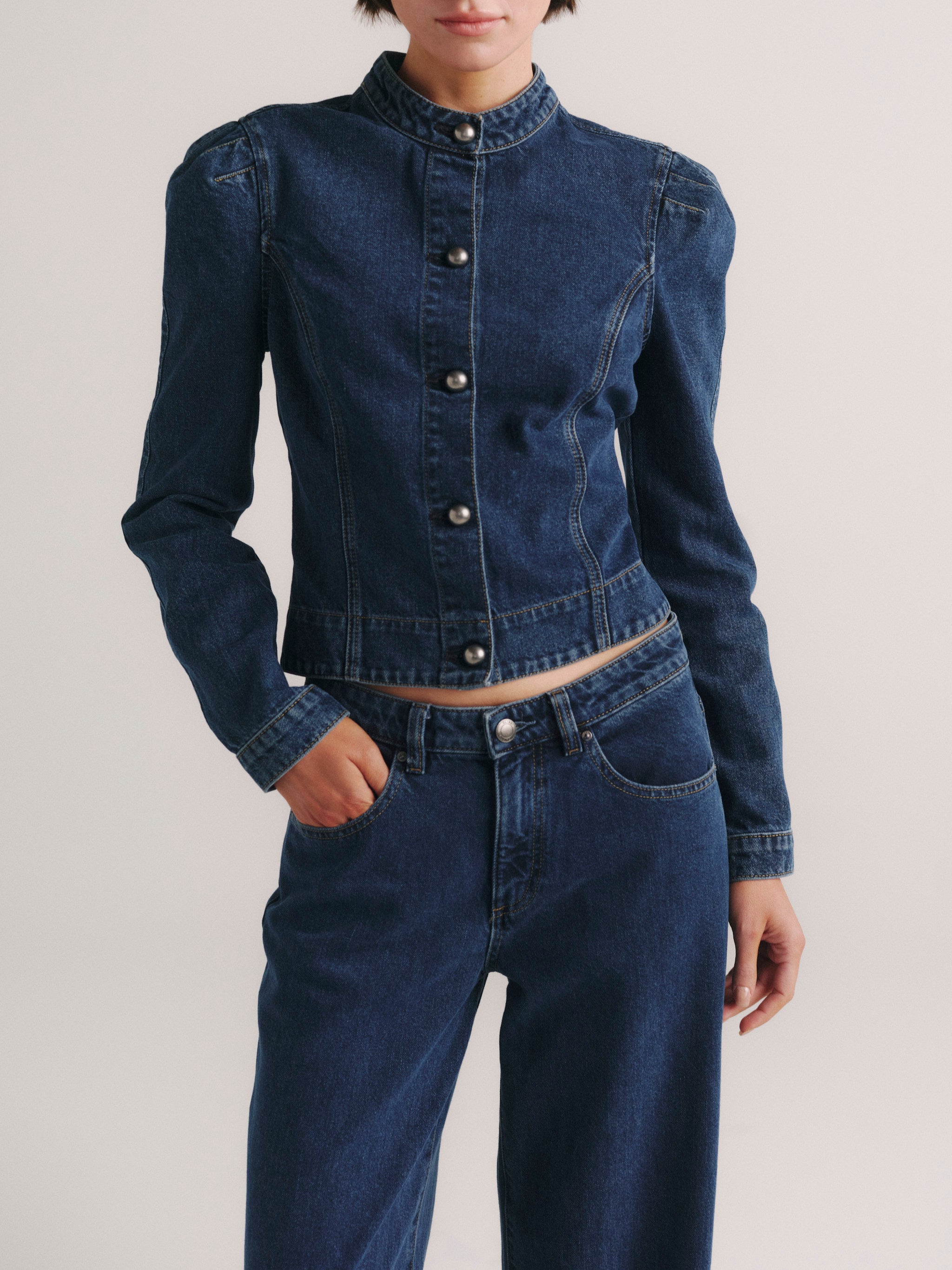 DL1961 Sculpted Denim Top in Moon Lake — collar and button detail
