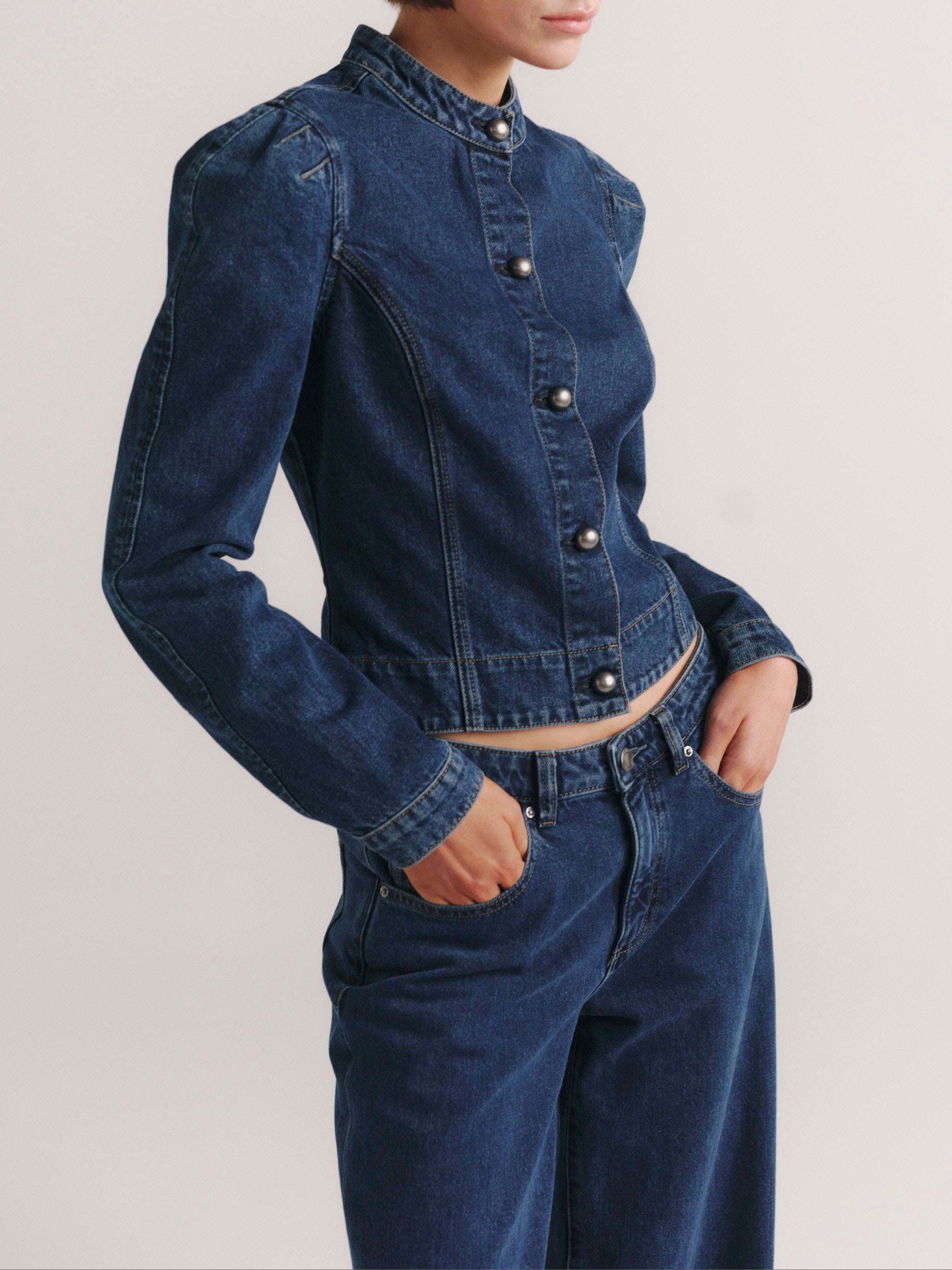 DL1961 Sculpted Denim Top in Moon Lake — three-quarter view