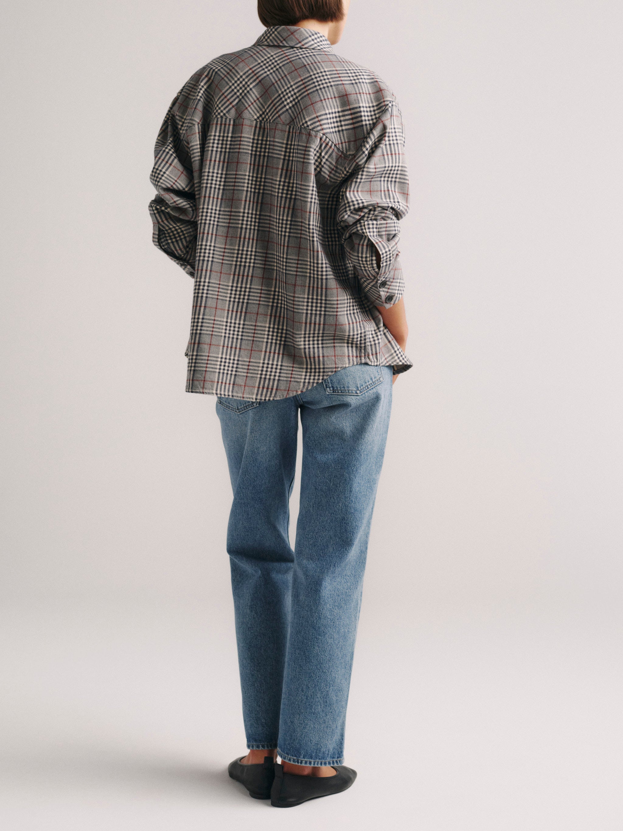 DL1961 x Olympia Addison Overshirt in Navy Prince Check — back view