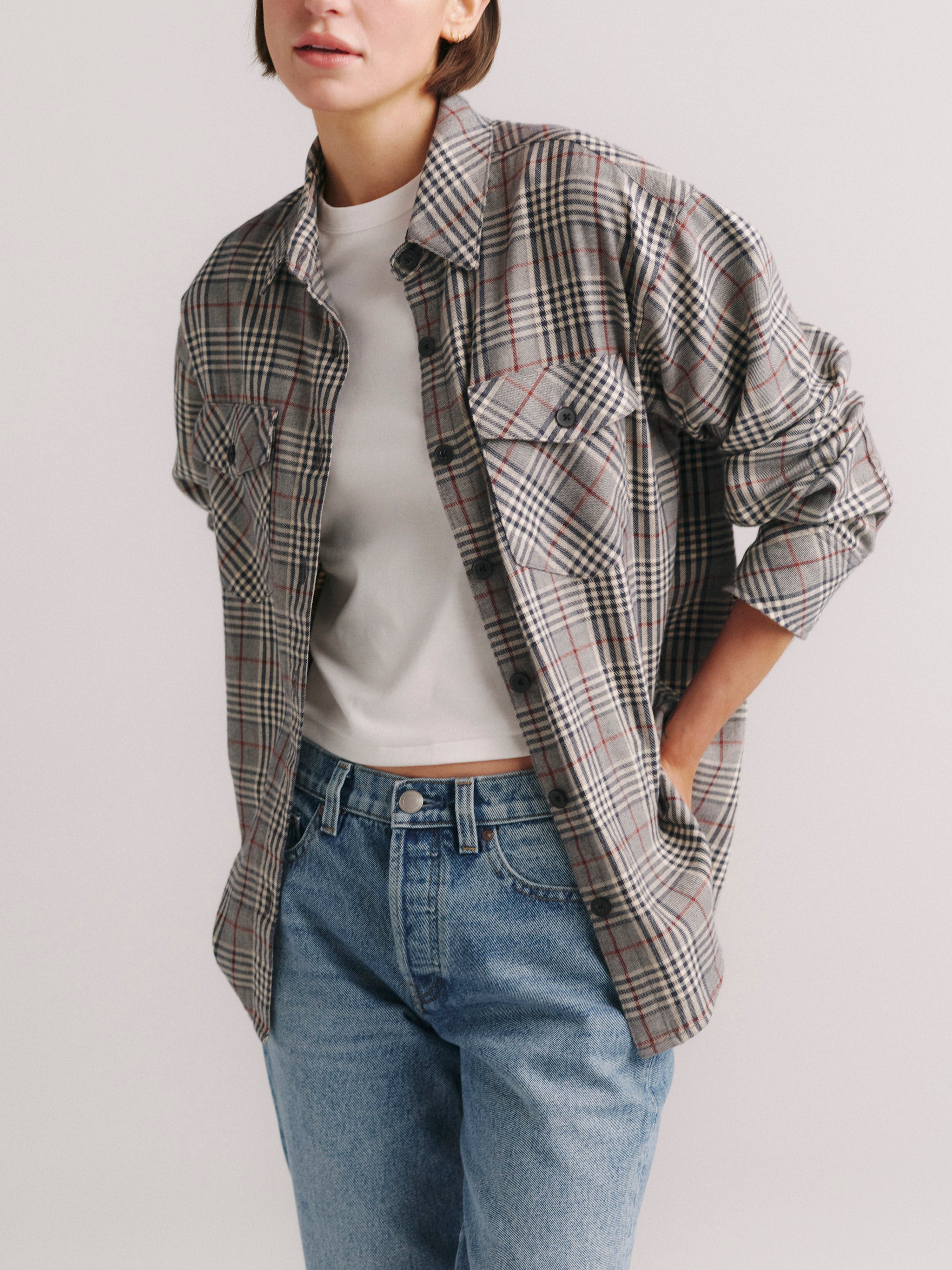 DL1961 x Olympia Addison Overshirt in Navy Prince Check — front placket detail