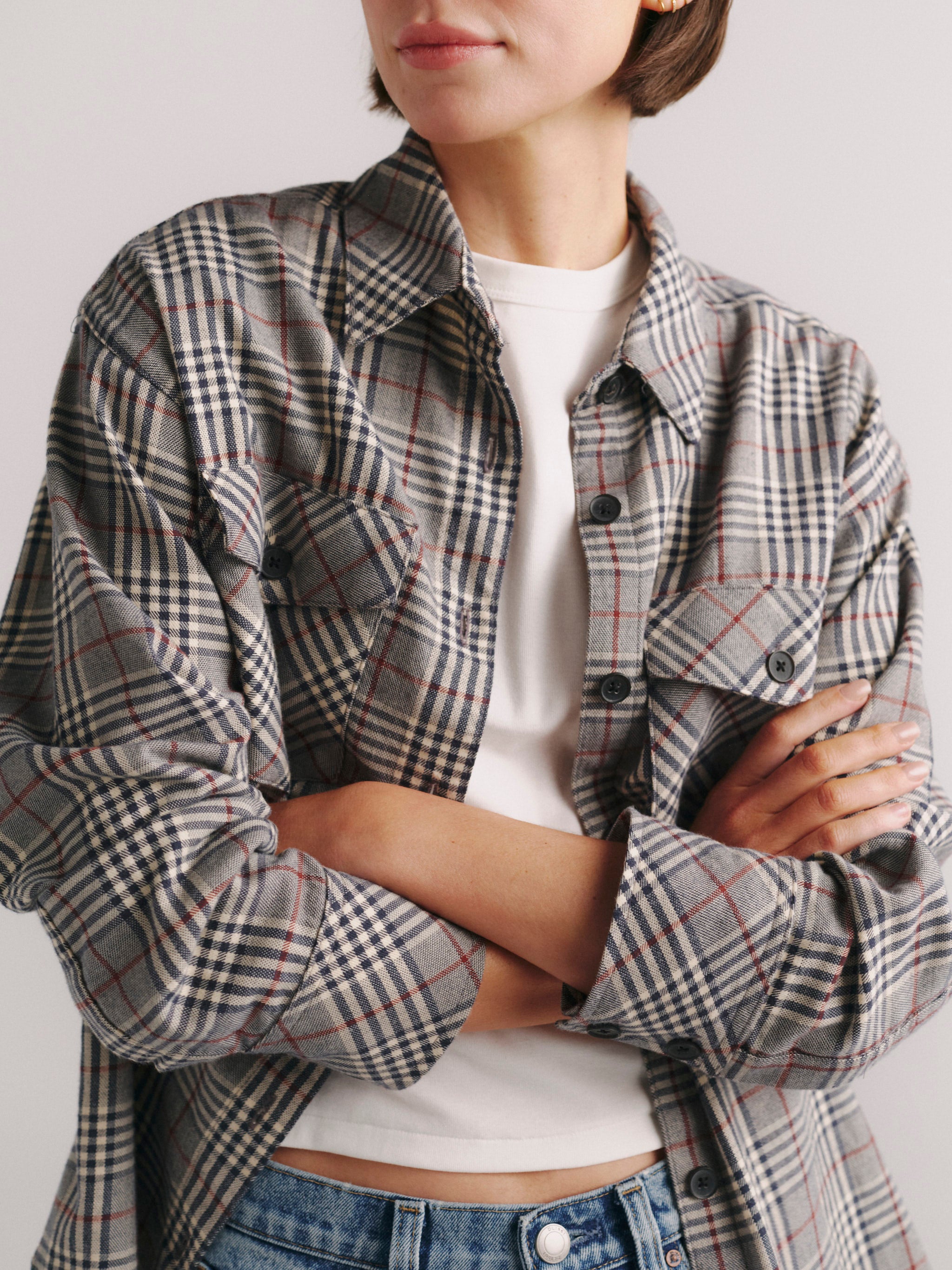 DL1961 x Olympia Addison Overshirt in Navy Prince Check — check pattern and cuff detail