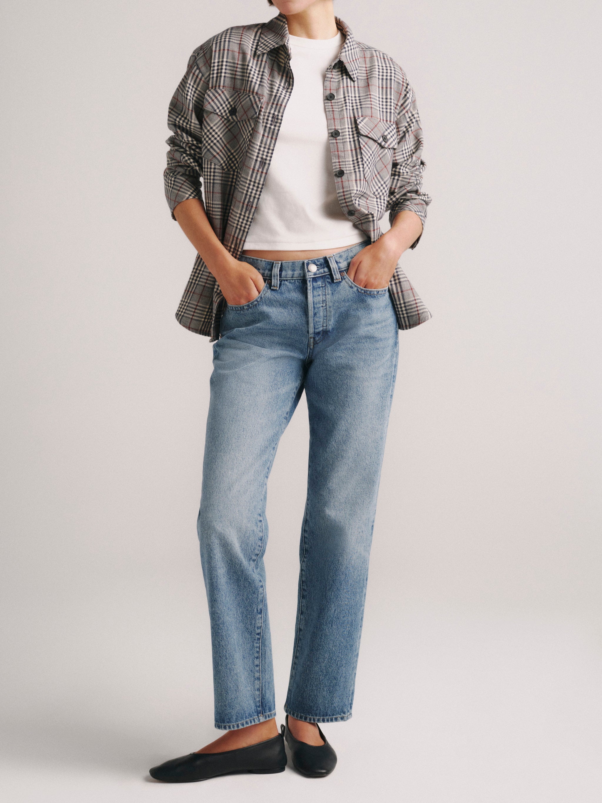 DL1961 x Olympia Addison Overshirt in Navy Prince Check — front view