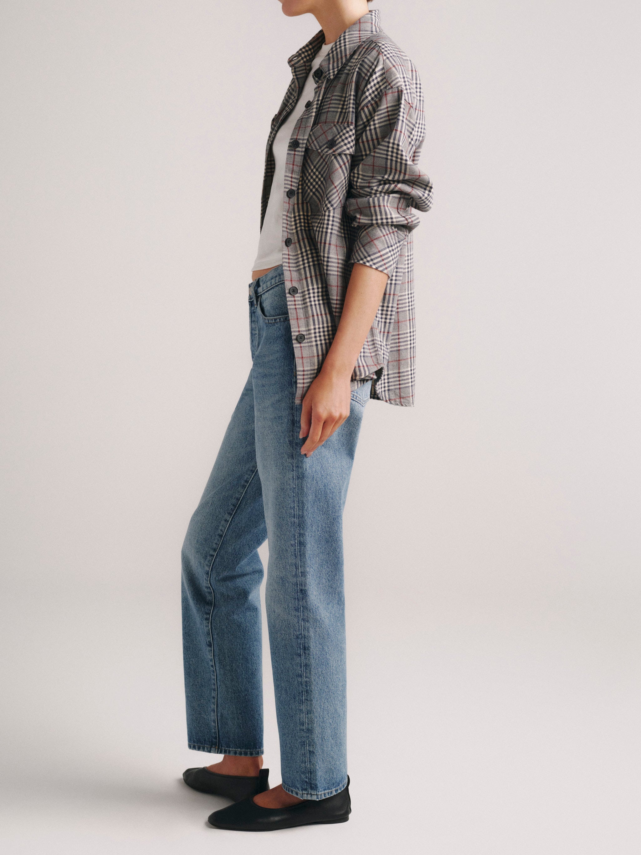 DL1961 x Olympia Addison Overshirt in Navy Prince Check — three-quarter view