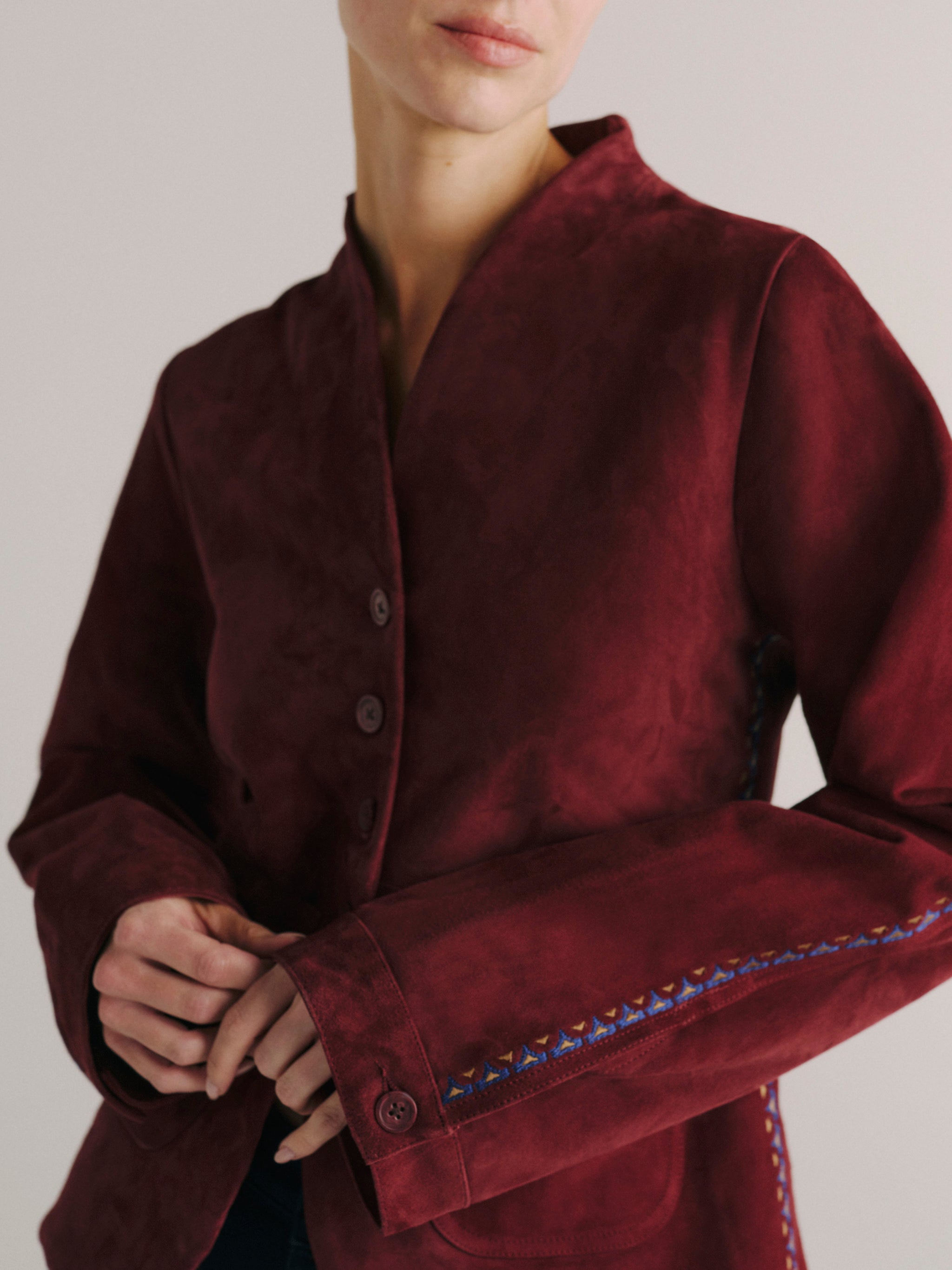 DL1961 women's Telluride suede jacket in 'Burgundy Suede Embroidery', close-up of the stand collar and embroidered sleeve trim.