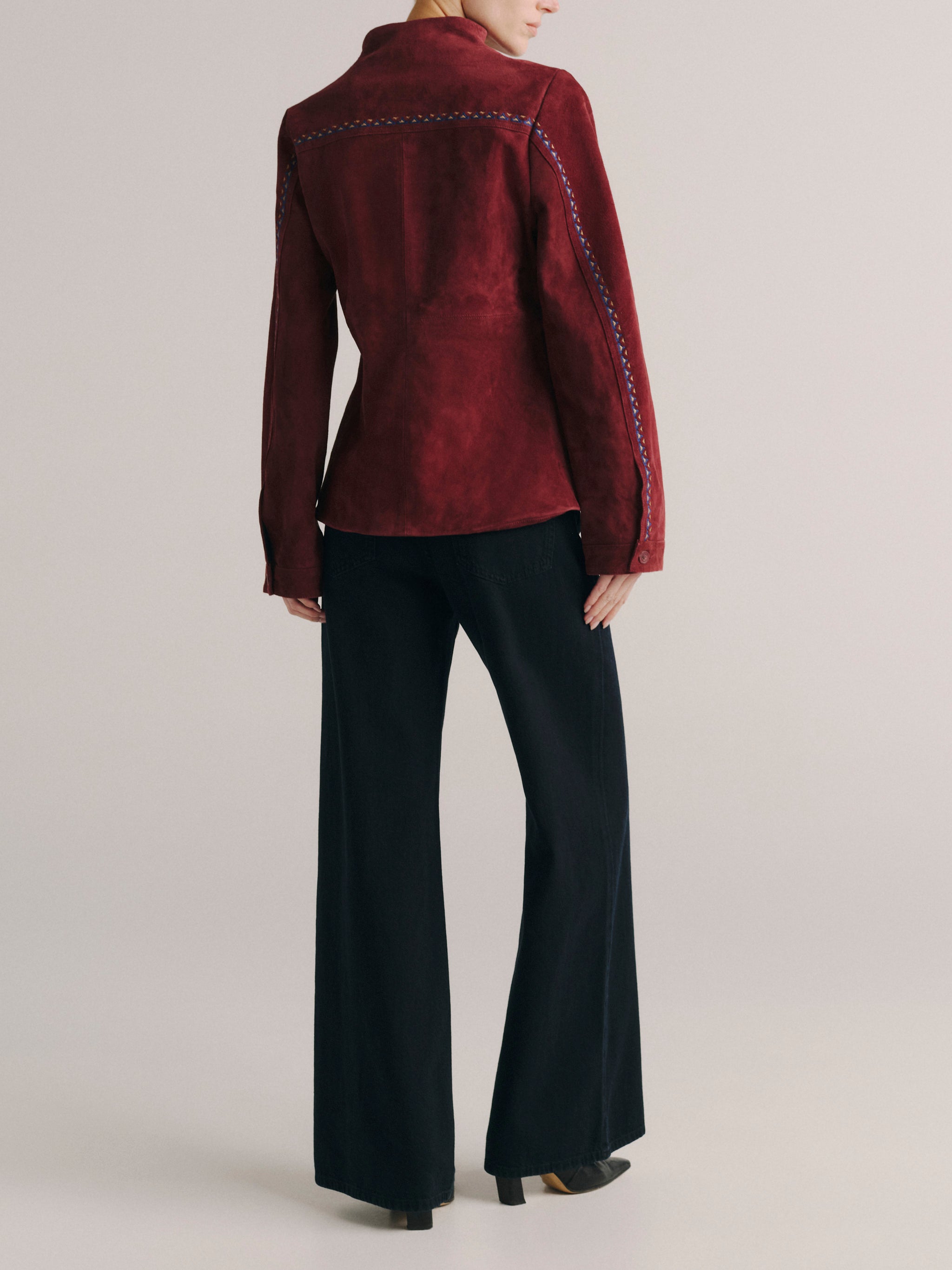 DL1961 women's Telluride suede jacket in 'Burgundy Suede Embroidery', back view.