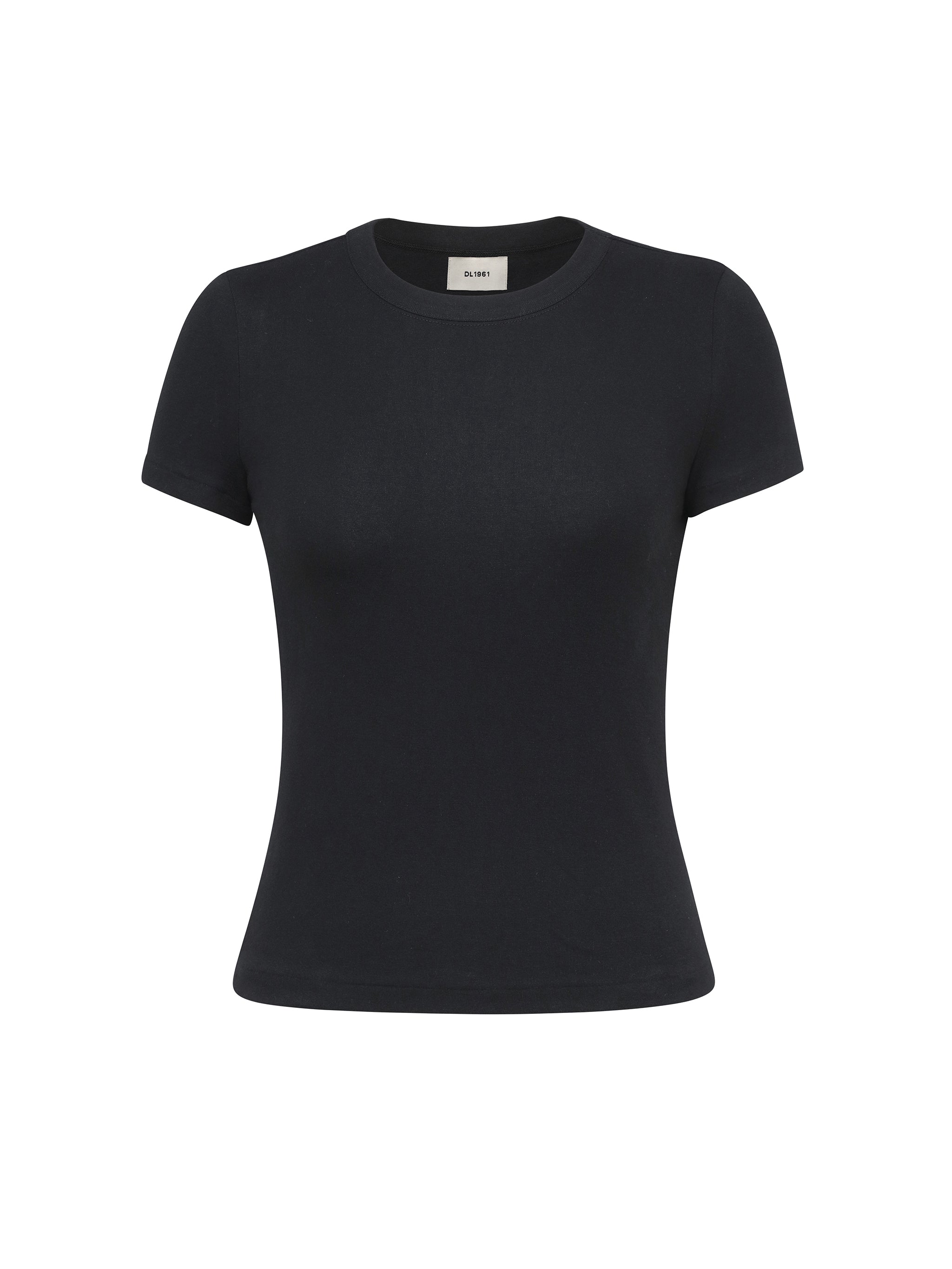 Shrunken Tee in Black, ghost-mannequin product shot on white, front view.