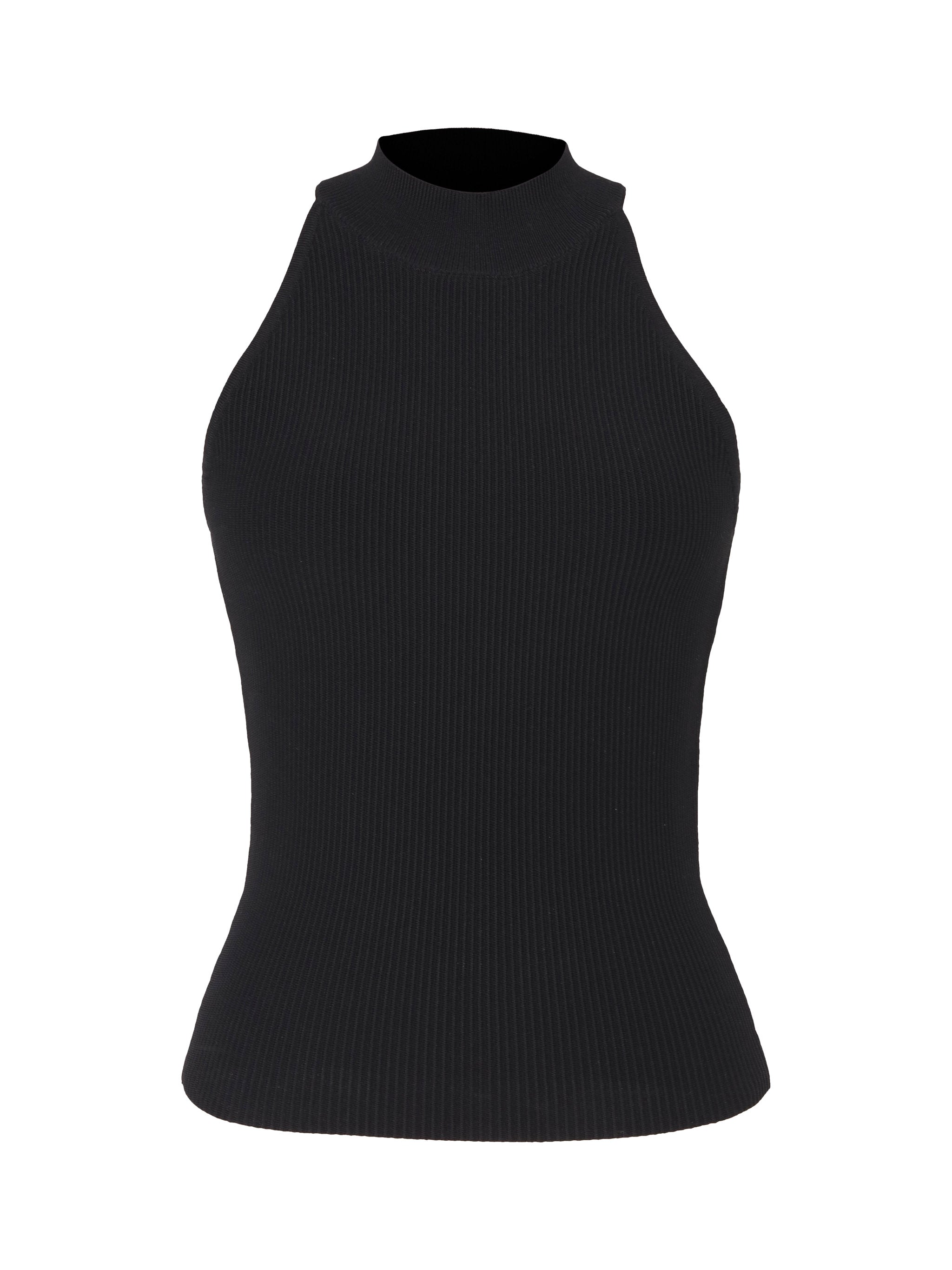 Mock Neck Top in Black, ghost-mannequin product shot on white, front view.