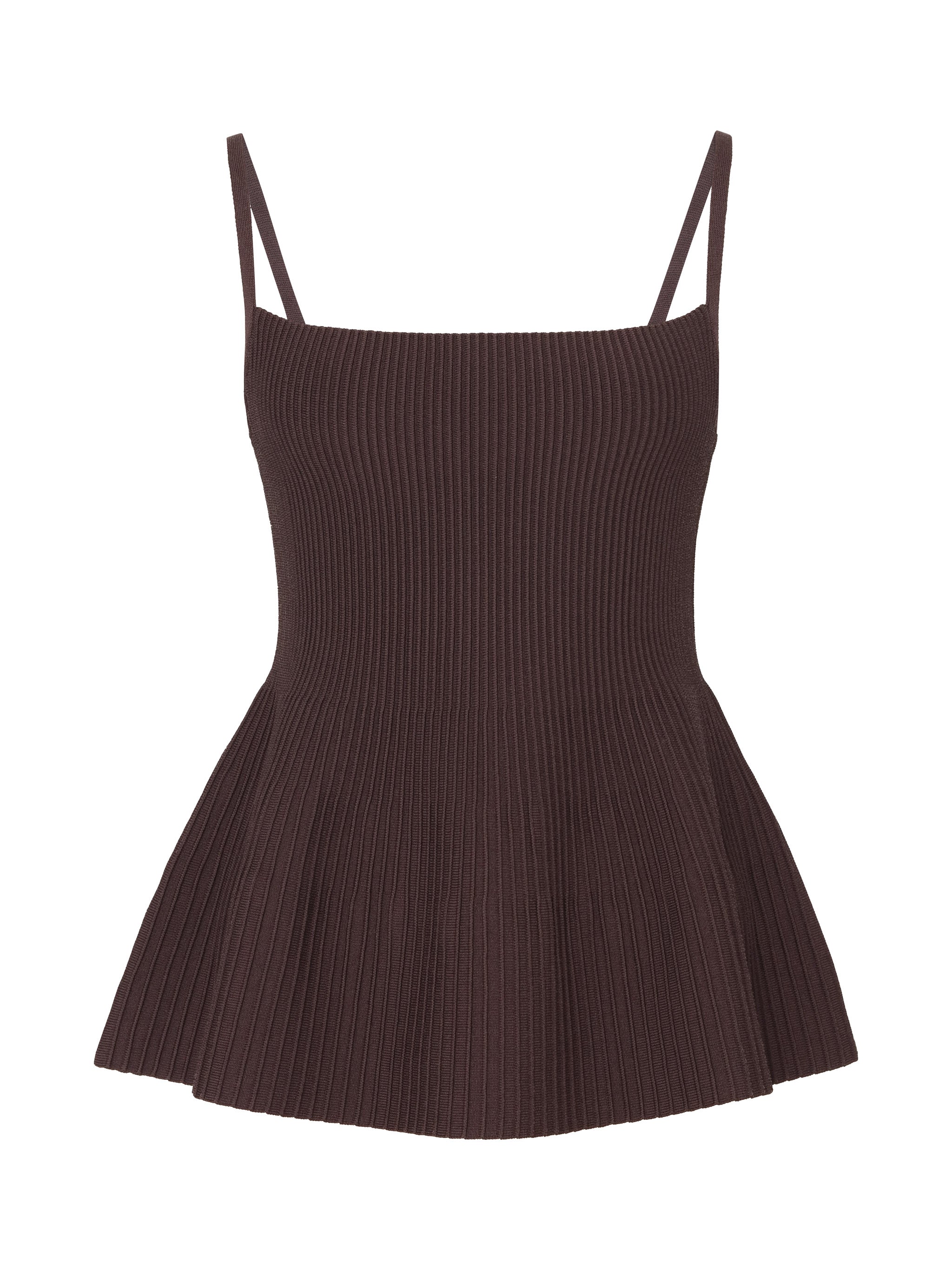 Peplum Tank in Truffle, ghost-mannequin product shot on white, front view.