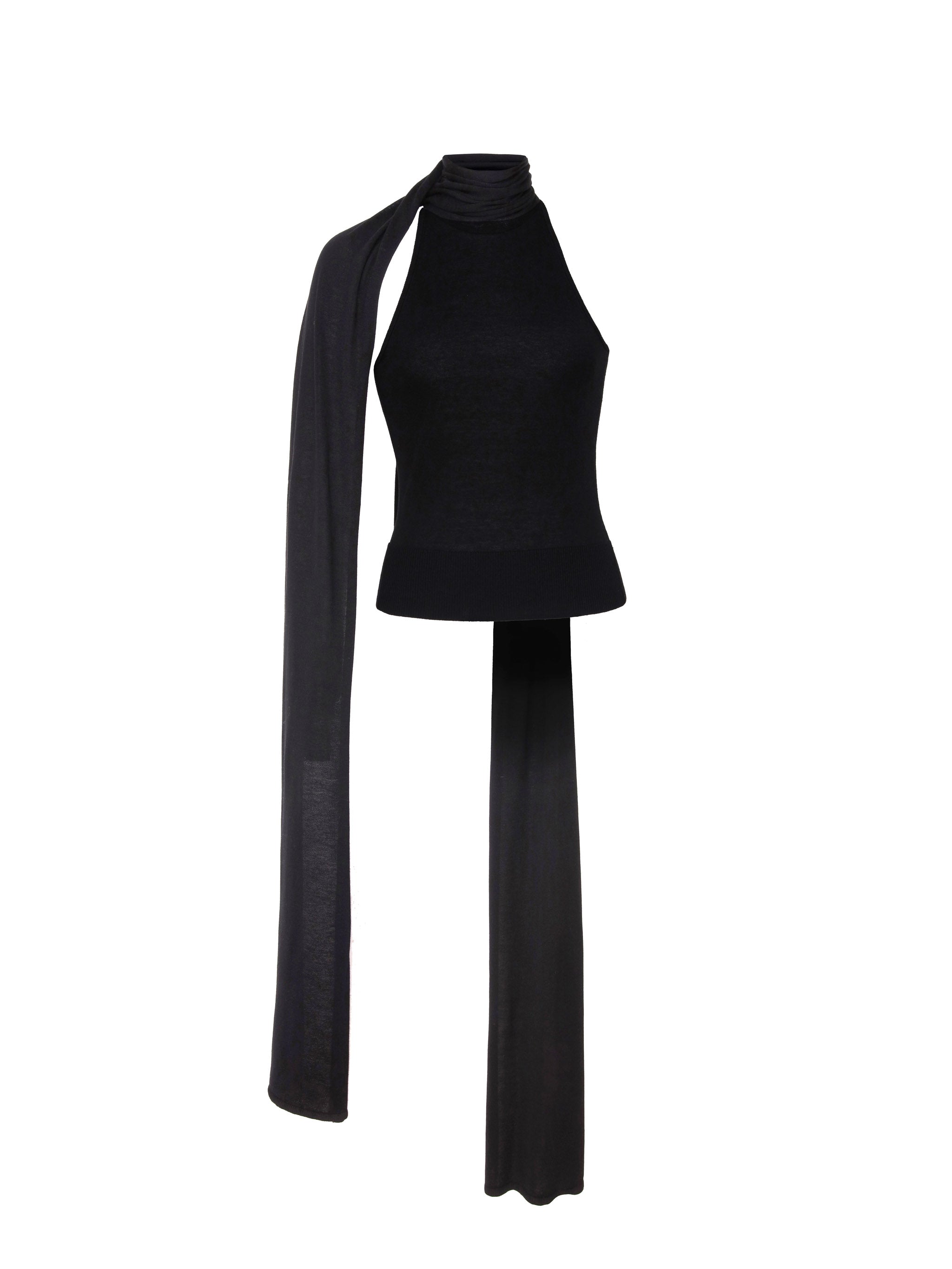 Scarf Tie Top in Black, ghost-mannequin product shot on white, front view.