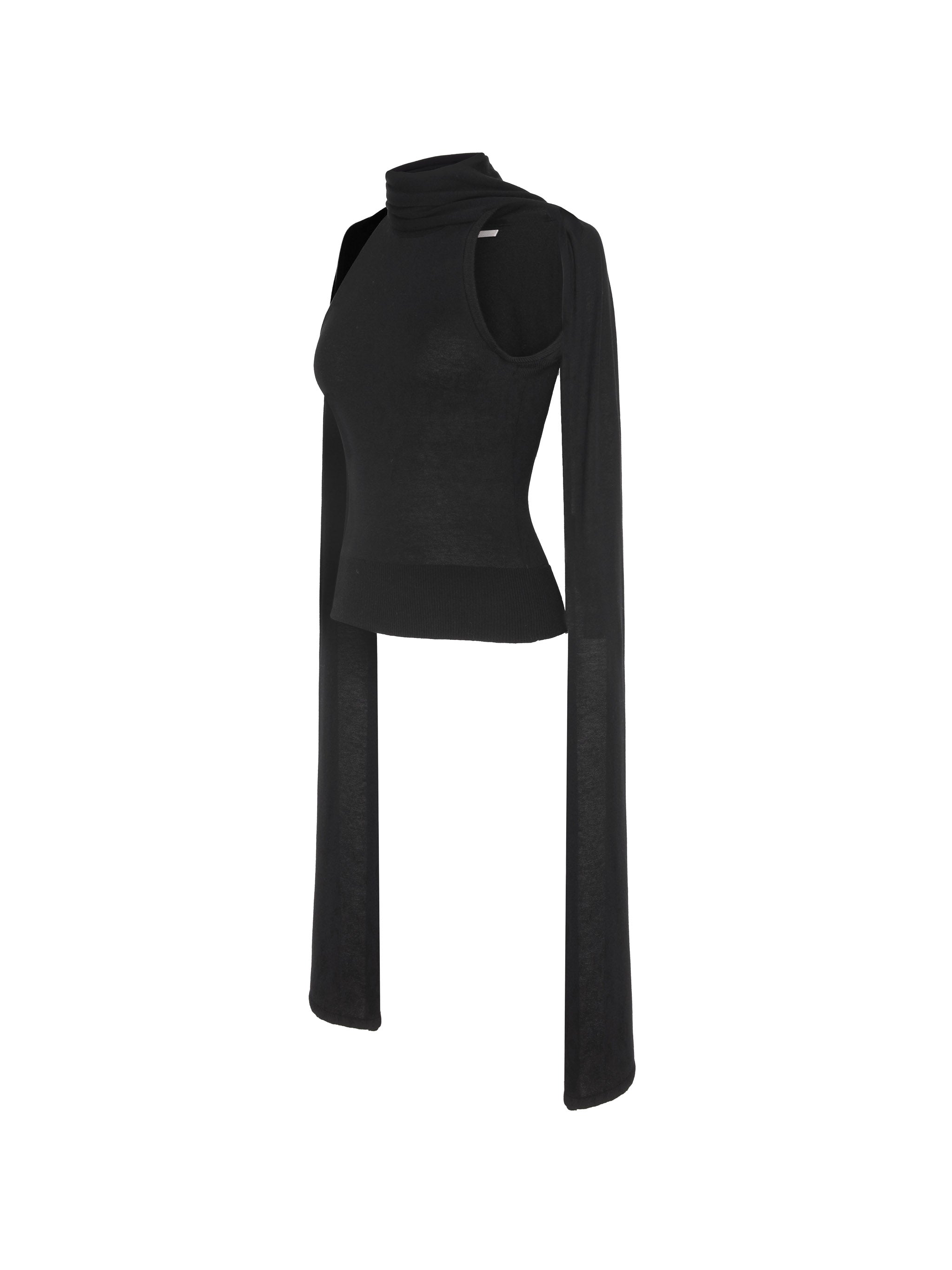 Scarf Tie Top in Black, ghost-mannequin product shot on white, side view.