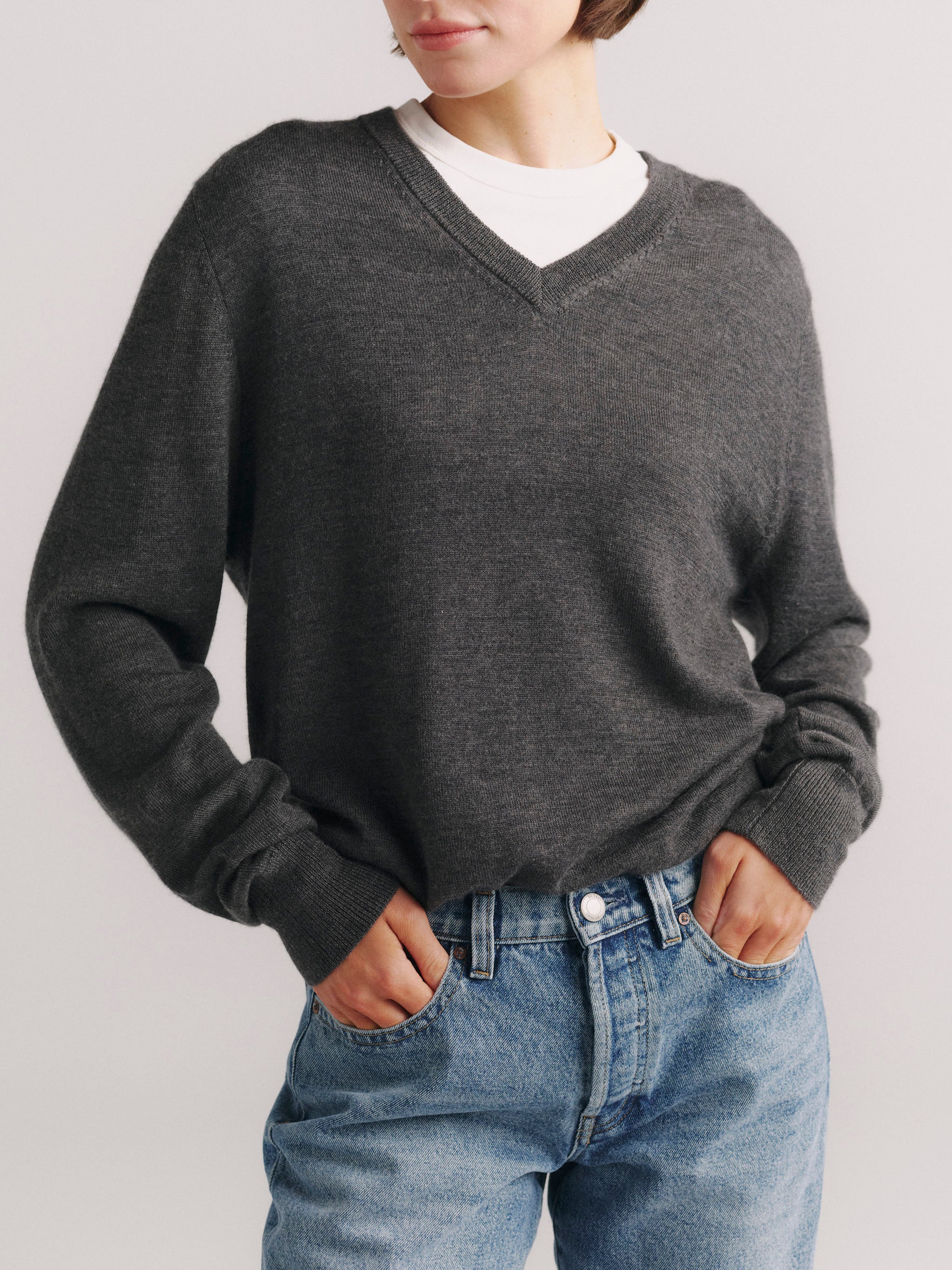 DL1961 x Olympia V-Neck Cashmere Sweater in Dark Grey — neckline detail