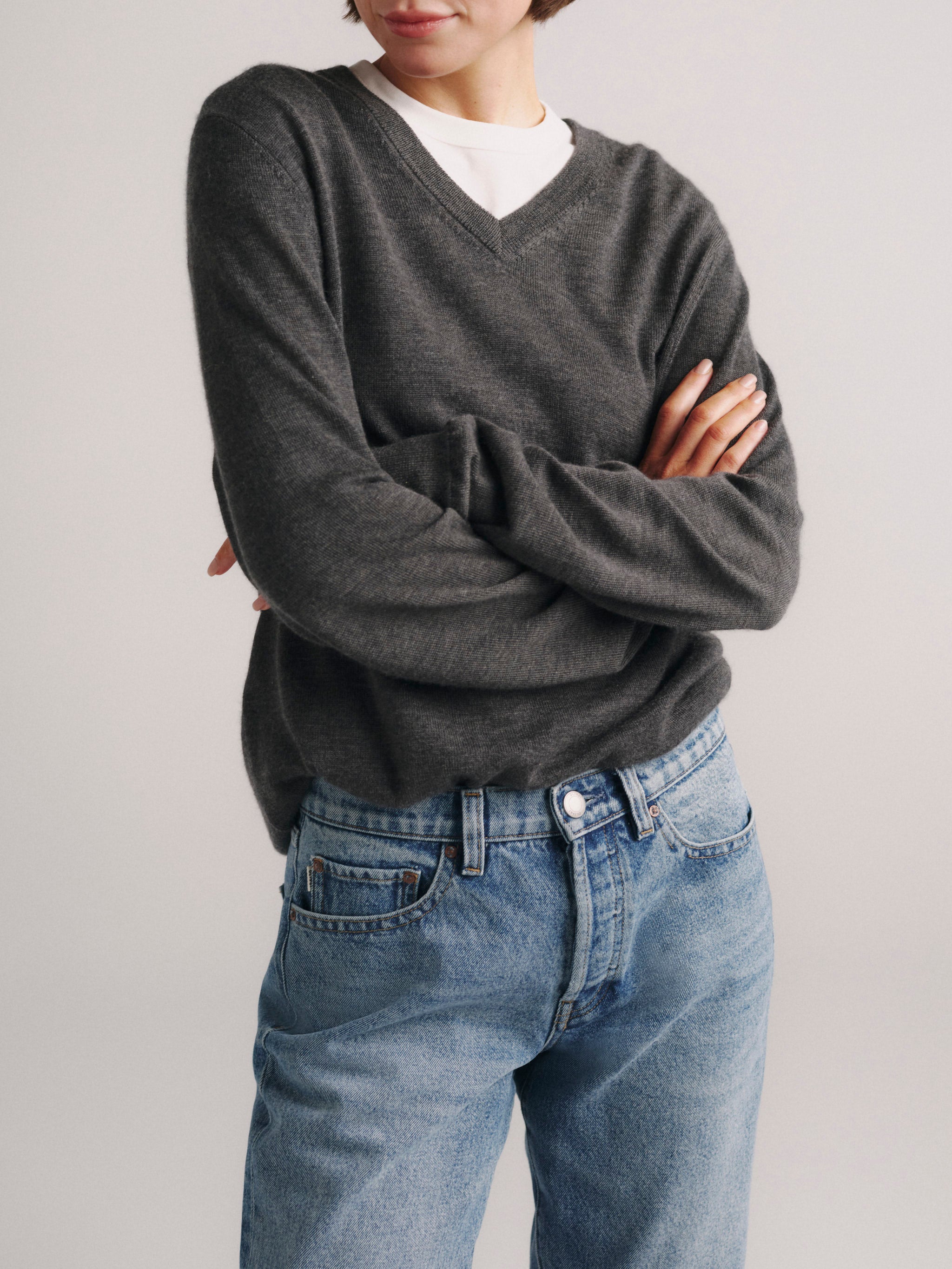 DL1961 x Olympia V-Neck Cashmere Sweater in Dark Grey — knit and cuff detail