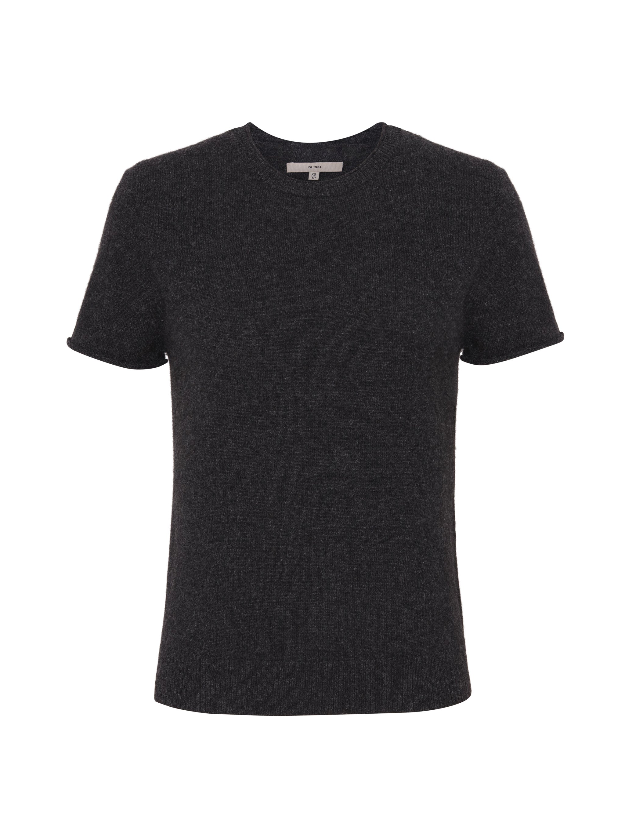 Knit Tee in Charcoal cashmere, ghost-mannequin product shot on white, front view.